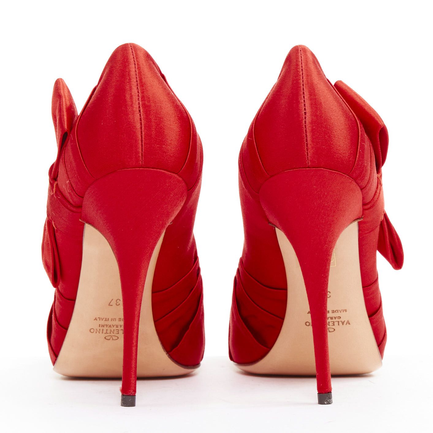 Valentino VALENTINO red pleated satin ribbon bow peep toe stiletto pumps EU37 Size US 7 / IT 37 - 5 Thumbnail