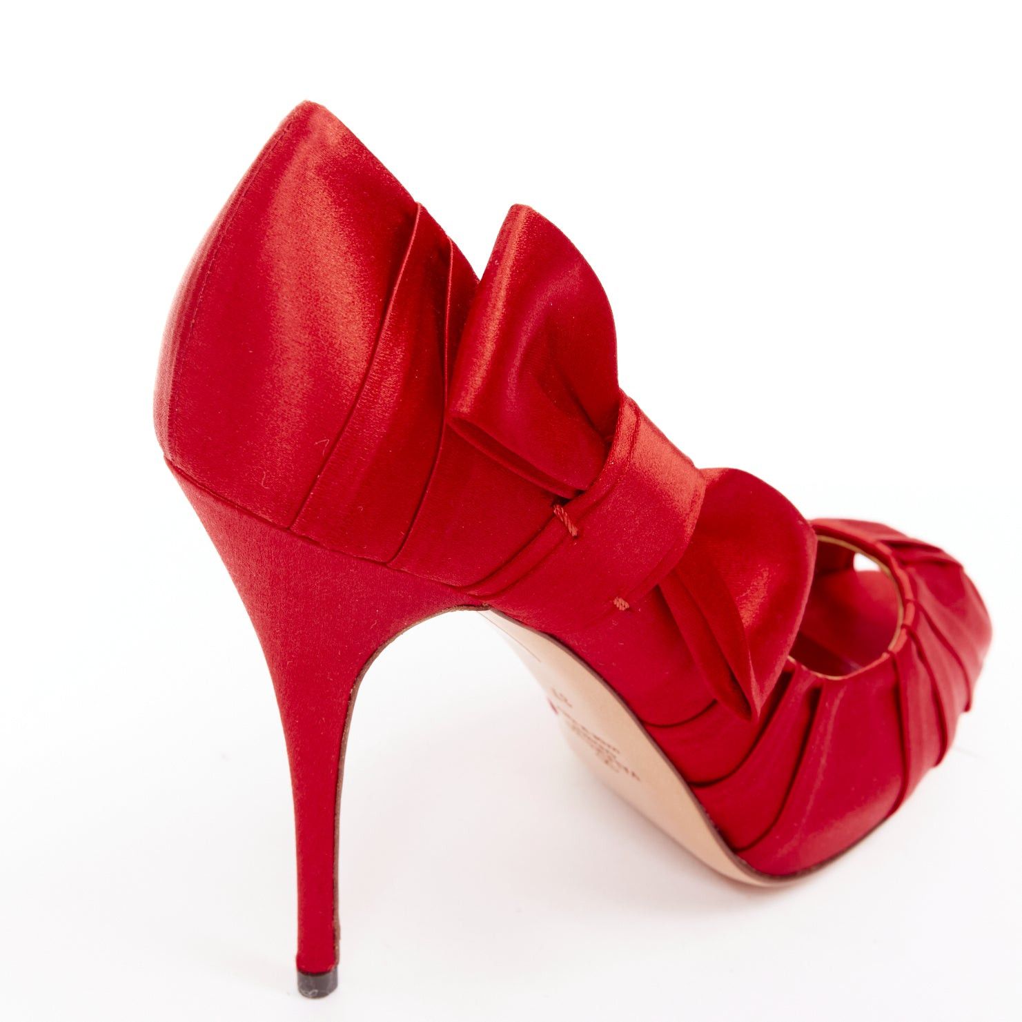 Valentino VALENTINO red pleated satin ribbon bow peep toe stiletto pumps EU37 Size US 7 / IT 37 - 8 Thumbnail