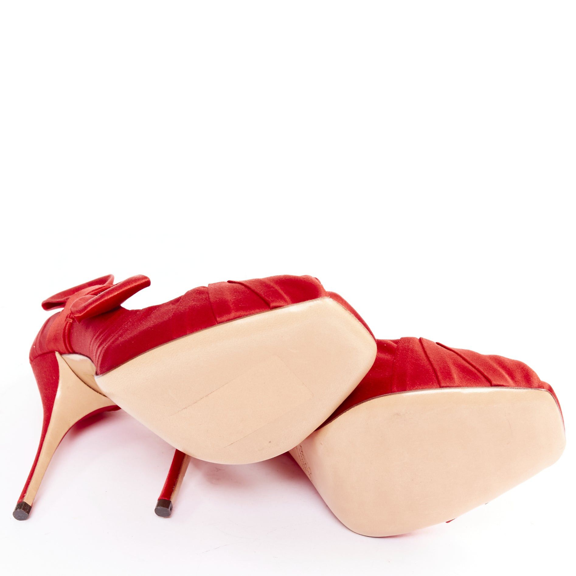 Valentino VALENTINO red pleated satin ribbon bow peep toe stiletto pumps EU37 Size US 7 / IT 37 - 11 Thumbnail
