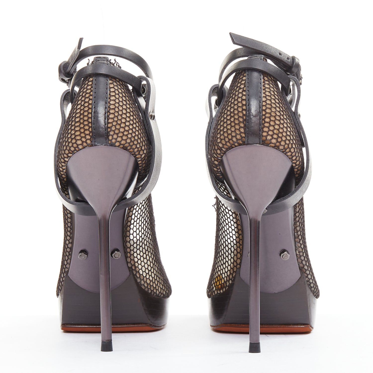 Lanvin LANVIN 2011 Runway black fishnet mesh ankle harness strap pin platform heels EU38.5 Size US 8.5 / IT 38.5 - 5 Thumbnail