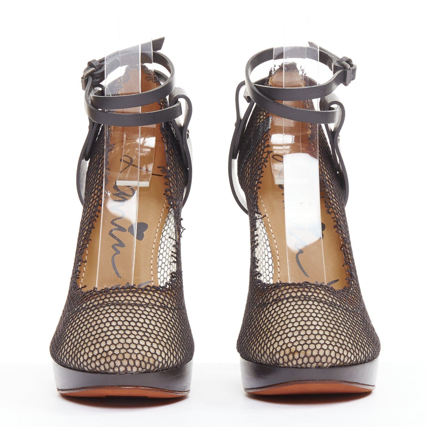 Lanvin LANVIN 2011 Runway black fishnet mesh ankle harness strap pin platform heels EU38.5 Size US 8.5 / IT 38.5 - 3 Thumbnail