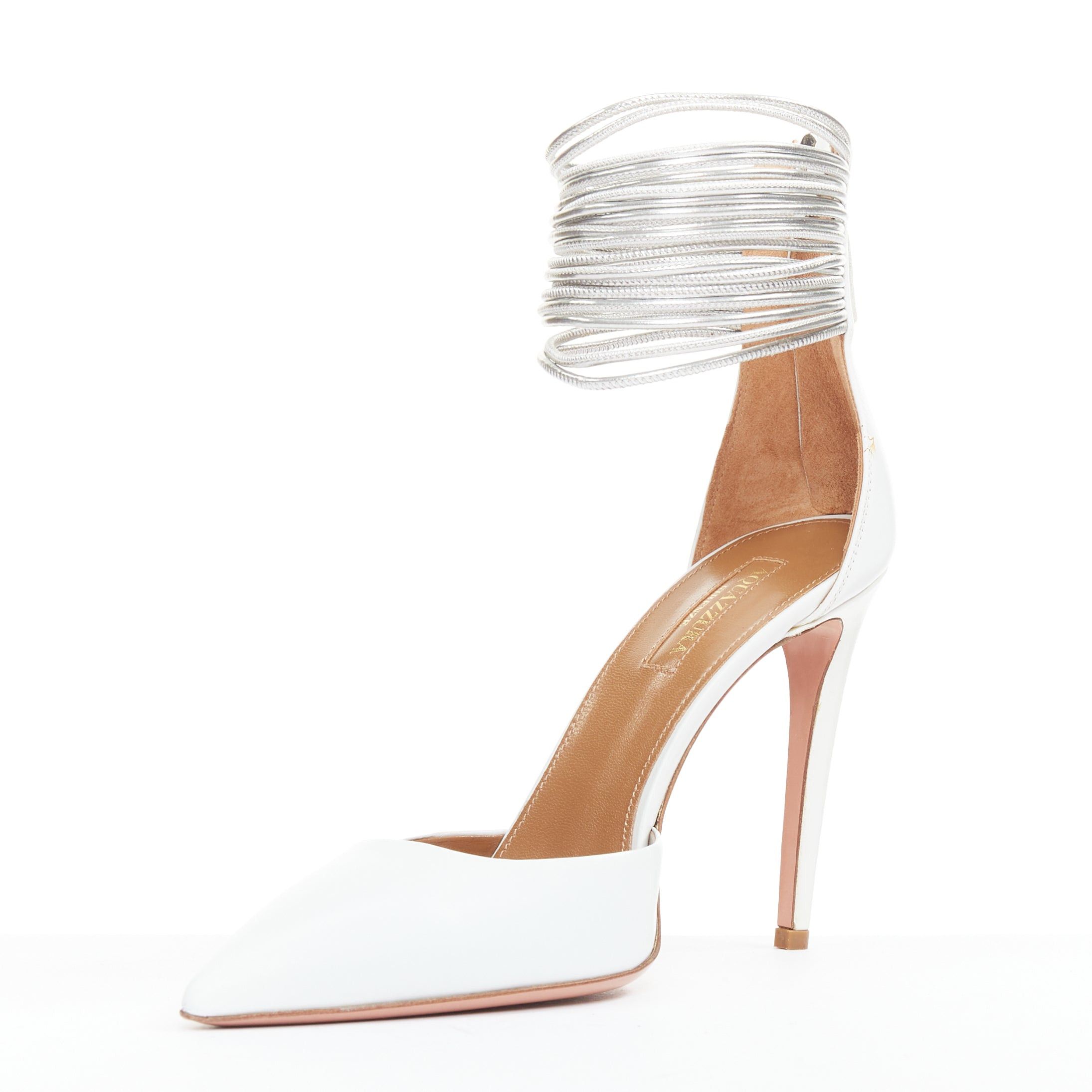 Aquazzura AQUAZZURA Hello Lover 105 white calf silver corded ankle strap pumps EU37.5 Size US 7.5 / IT 37.5 - 4 Thumbnail