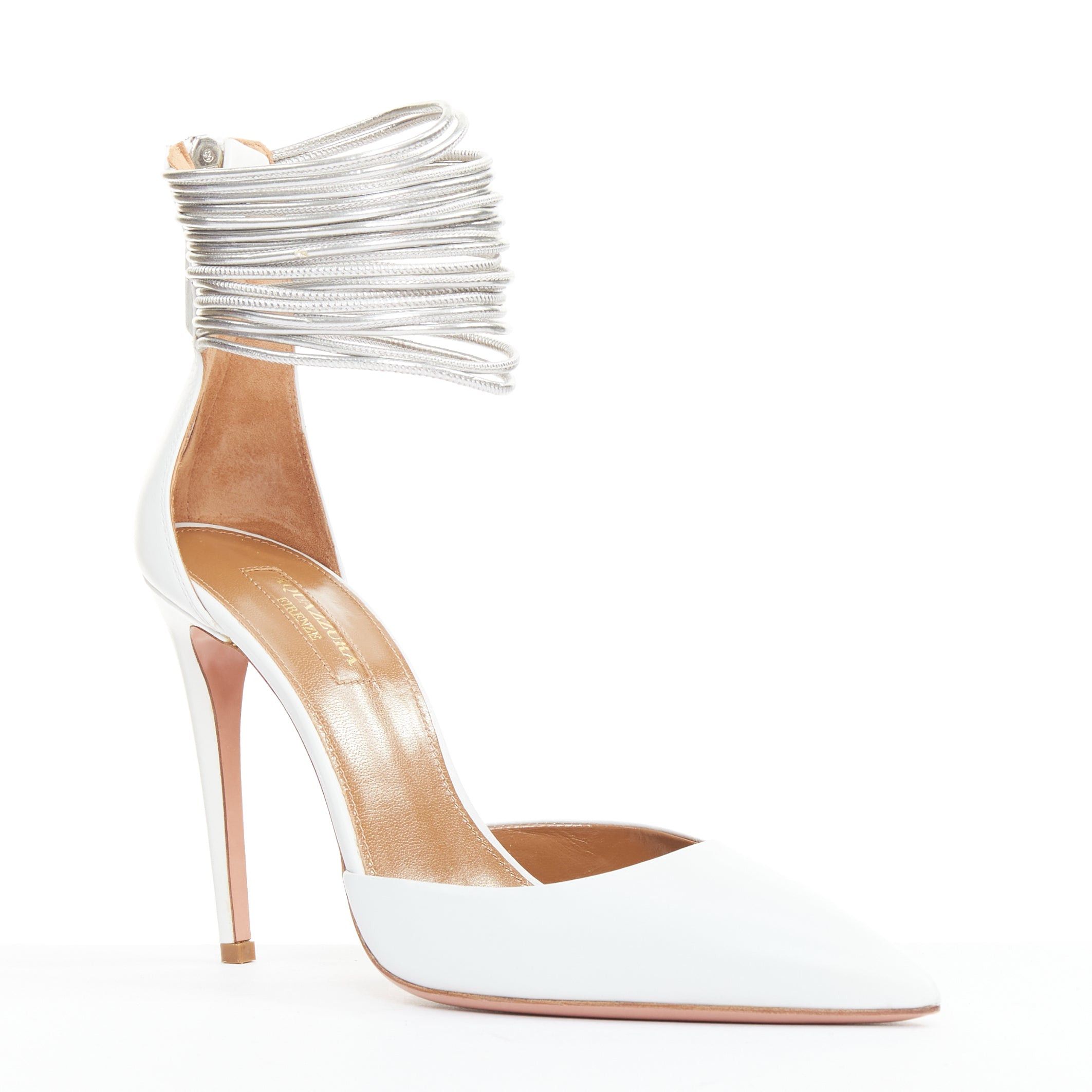 Aquazzura AQUAZZURA Hello Lover 105 white calf silver corded ankle strap pumps EU37.5 Size US 7.5 / IT 37.5 - 2 Thumbnail
