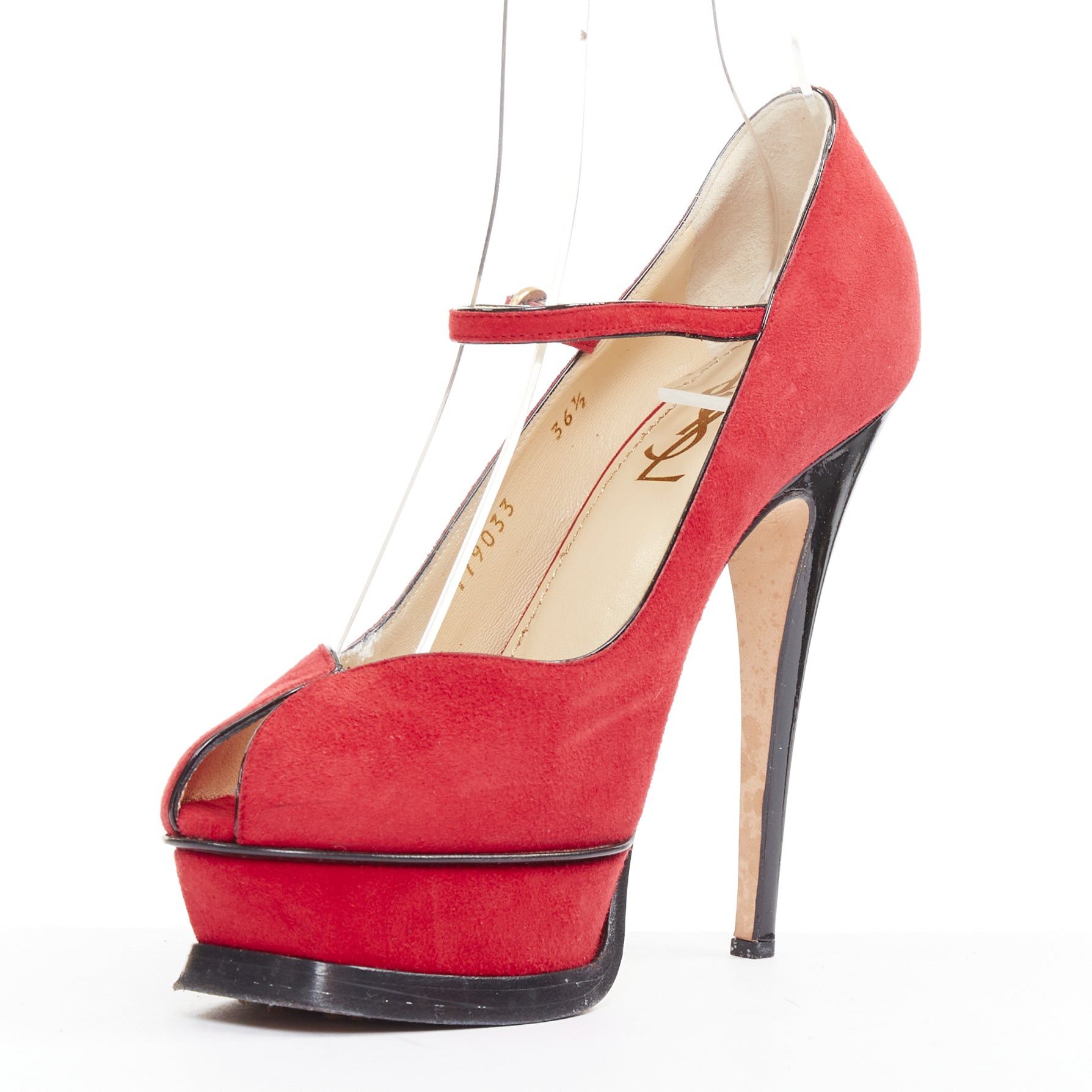 Yves Saint Laurent YVES SAINT LAURENT Rive Gauche Tribute Maryjane red suede tulip peep toe platform heels EU36.5 Size US 6.5 / IT 36.5 - 4 Thumbnail