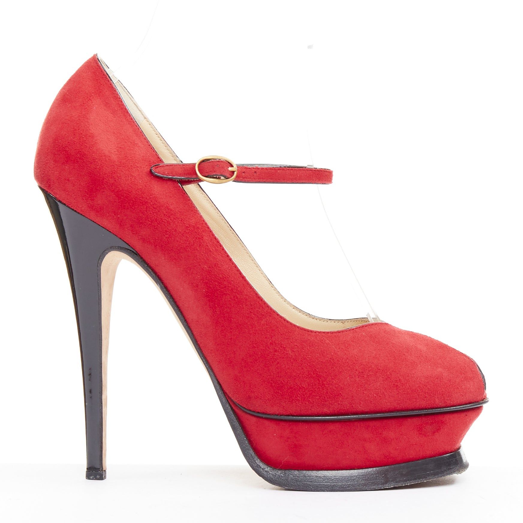 Yves Saint Laurent YVES SAINT LAURENT Rive Gauche Tribute Maryjane red suede tulip peep toe platform heels EU36.5 Size US 6.5 / IT 36.5 - 2 Thumbnail