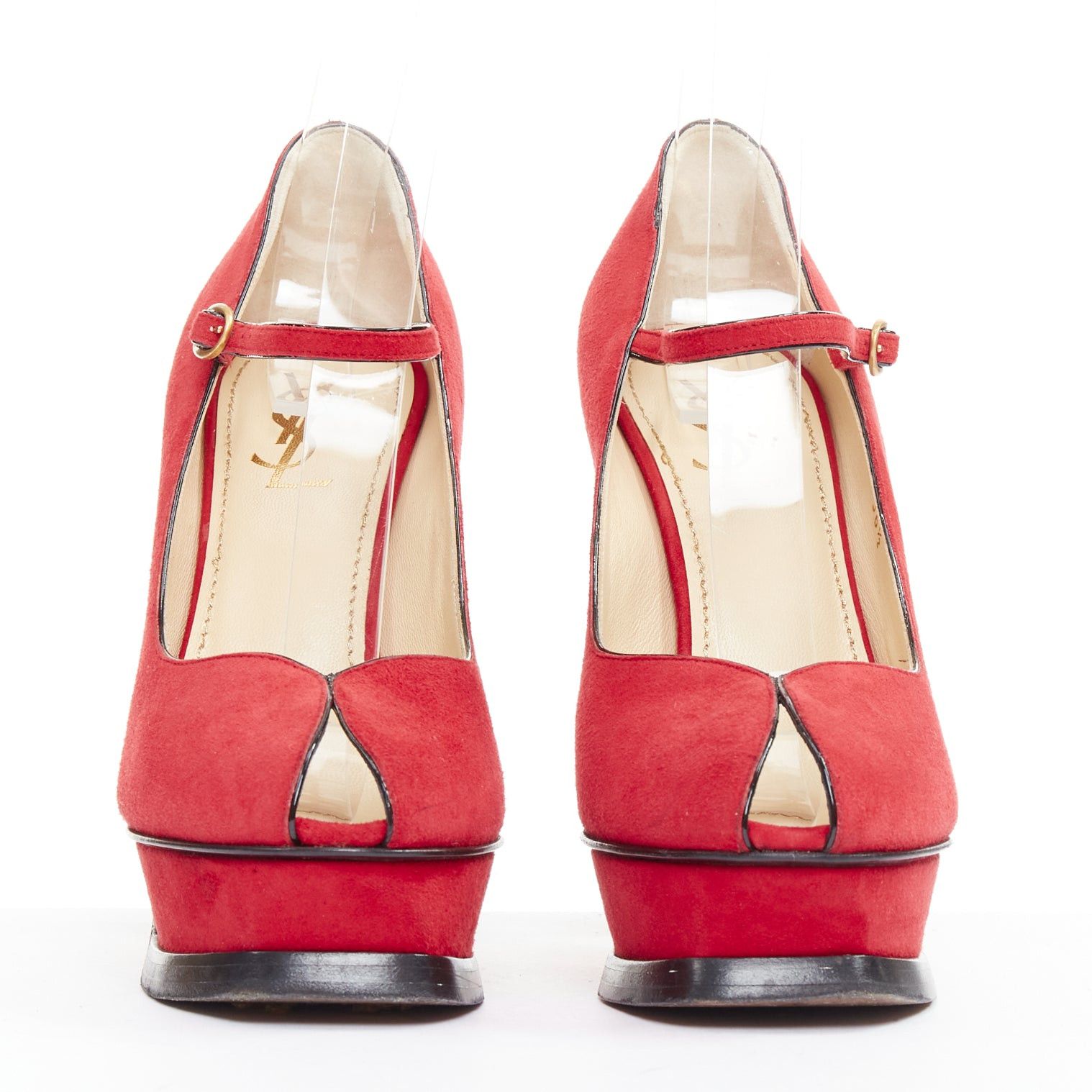 Yves Saint Laurent YVES SAINT LAURENT Rive Gauche Tribute Maryjane red suede tulip peep toe platform heels EU36.5 Size US 6.5 / IT 36.5 - 3 Thumbnail