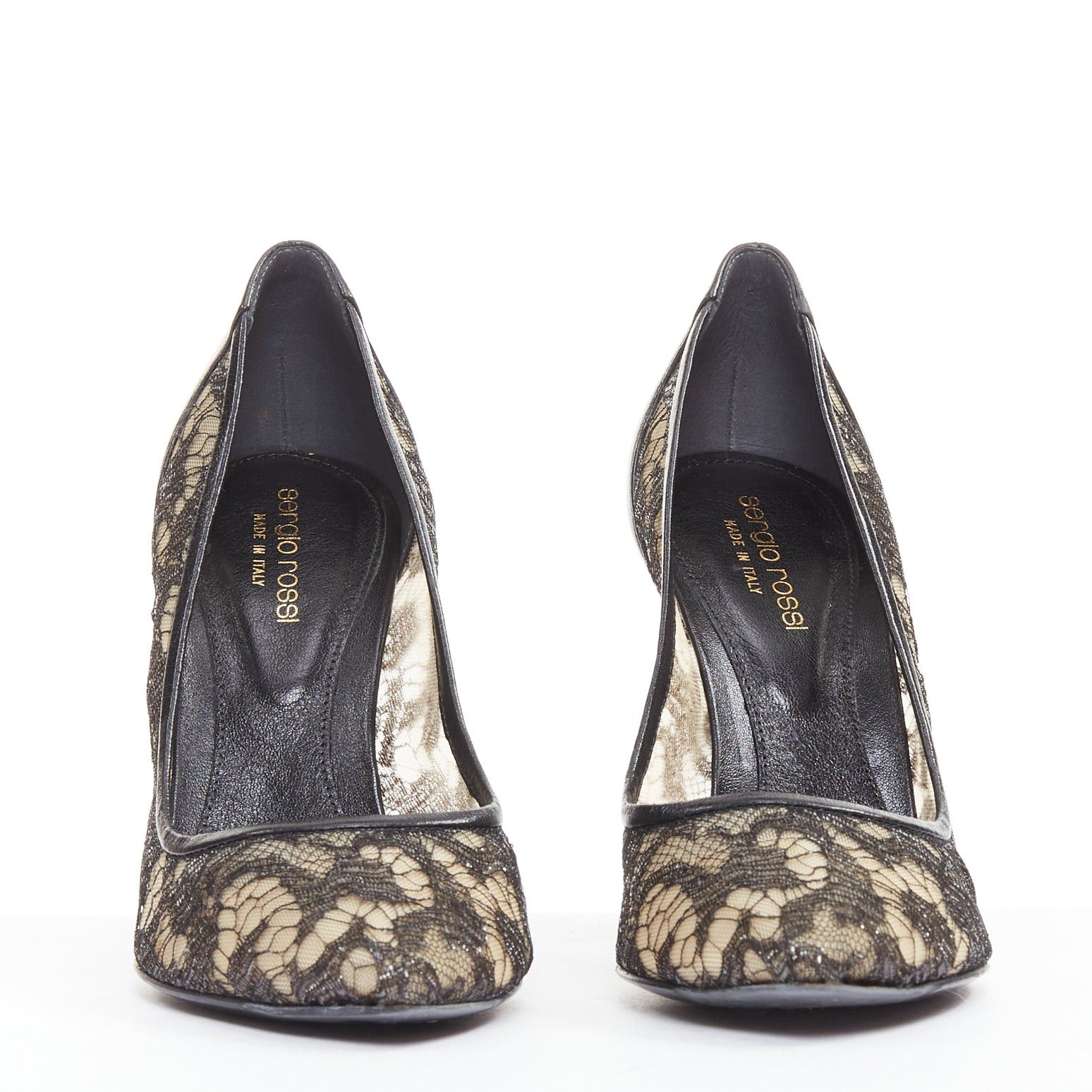 Sergio Rossi SERGIO ROSSI black leather floral lace spool heel pumps EU37.5 Size US 7.5 / IT 37.5 - 3 Thumbnail