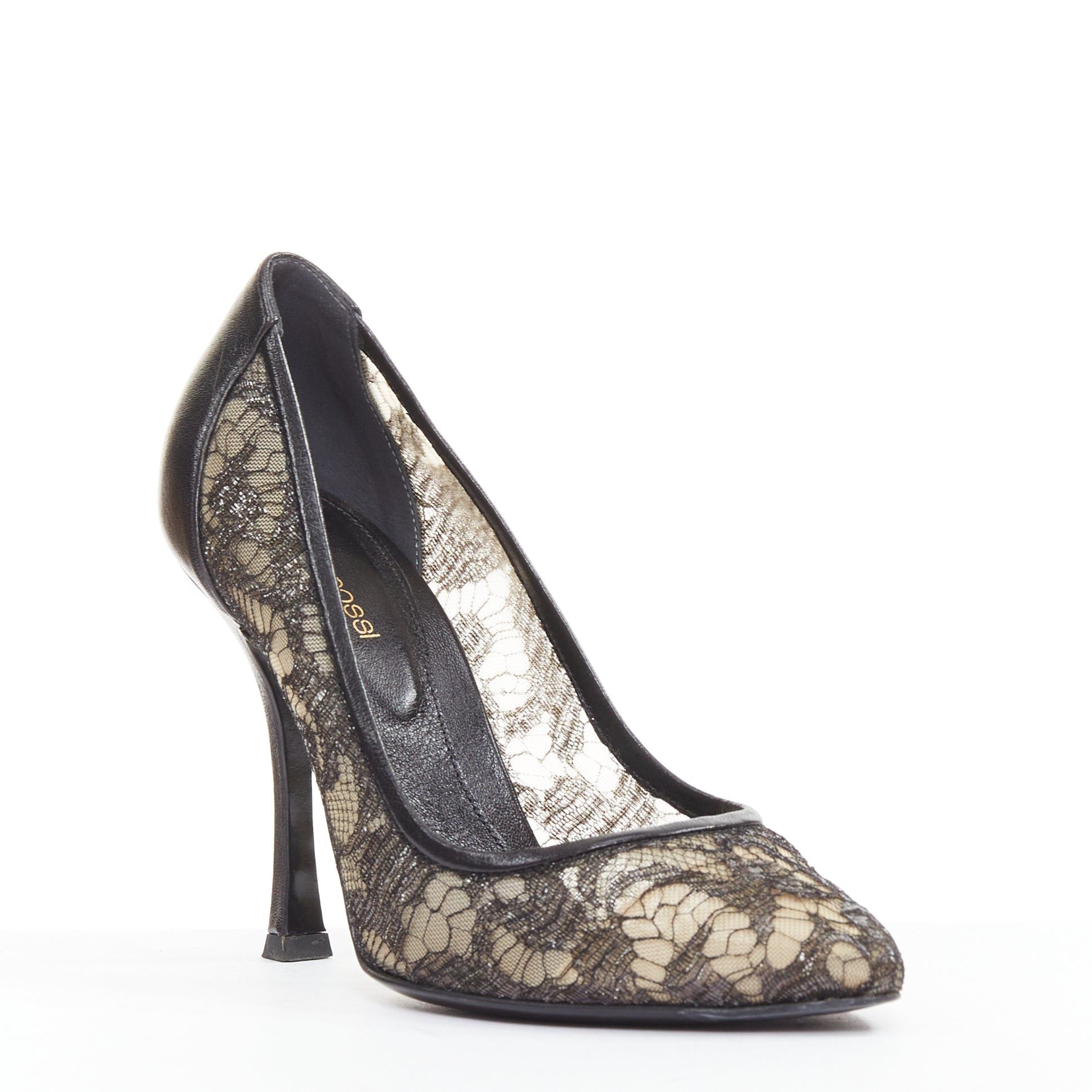 Sergio Rossi SERGIO ROSSI black leather floral lace spool heel pumps EU37.5 Size US 7.5 / IT 37.5 - 2 Thumbnail