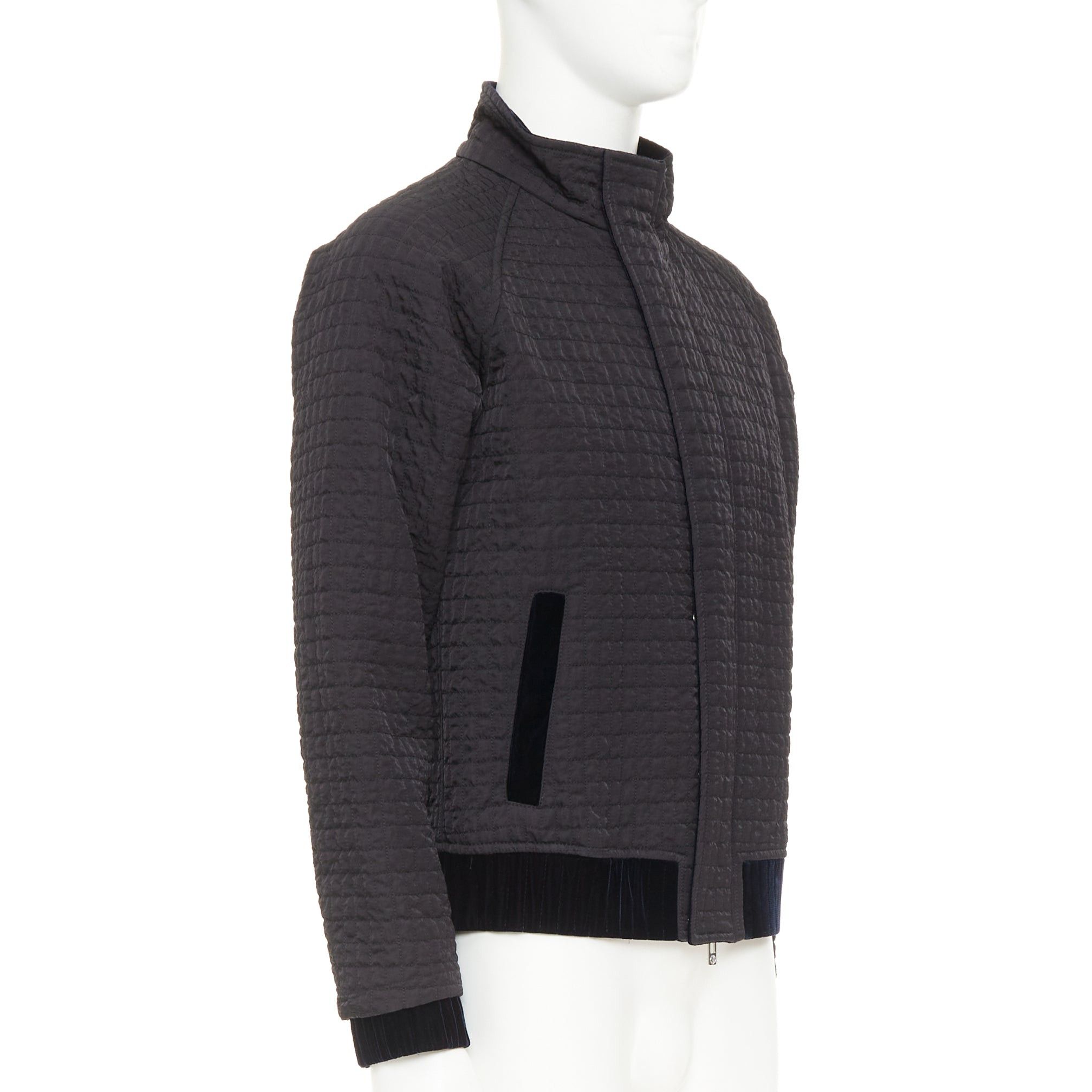 Giorgio Armani GIORGIO ARMANI black fine grid quilted nylon velvet trim double zip jacket IT46 S Size US S / EU 44-46 / 1 - 4 Thumbnail