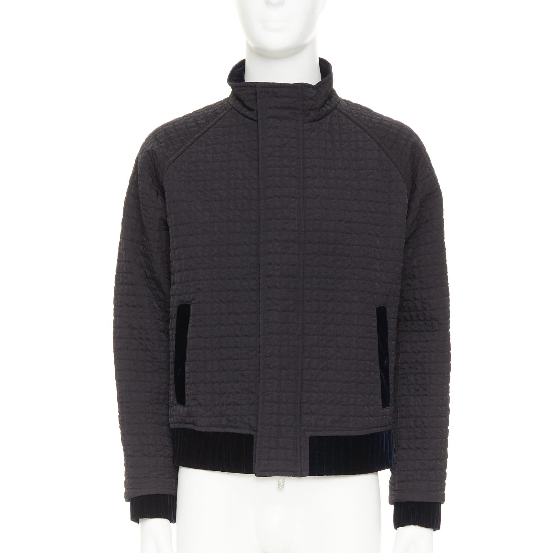 Giorgio Armani GIORGIO ARMANI black fine grid quilted nylon velvet trim double zip jacket IT46 S Size US S / EU 44-46 / 1 - 3 Thumbnail