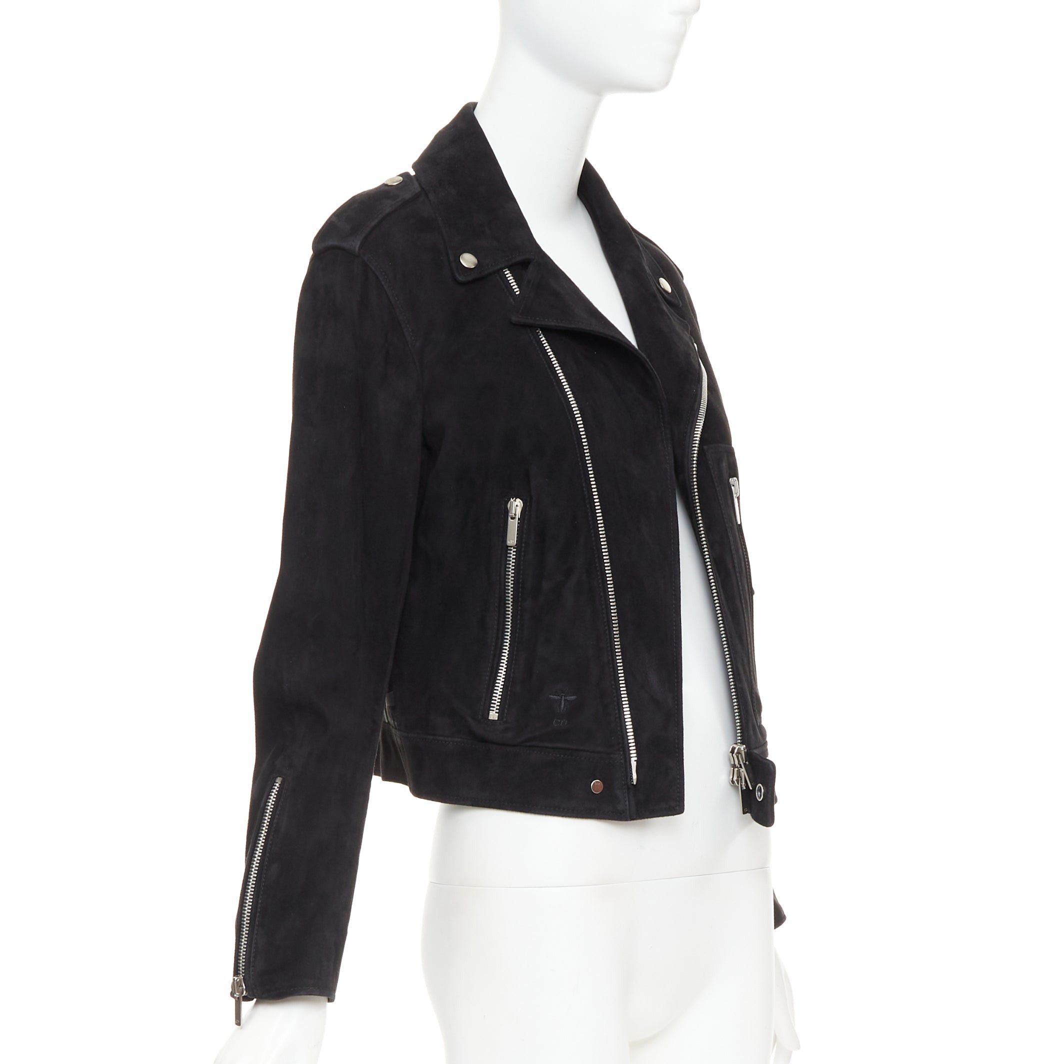 Dior CHRISTIAN DIOR black suede lambskin leather patchwork applique biker jacket FR36 S Size S / US 4 / IT 40 - 3 Thumbnail