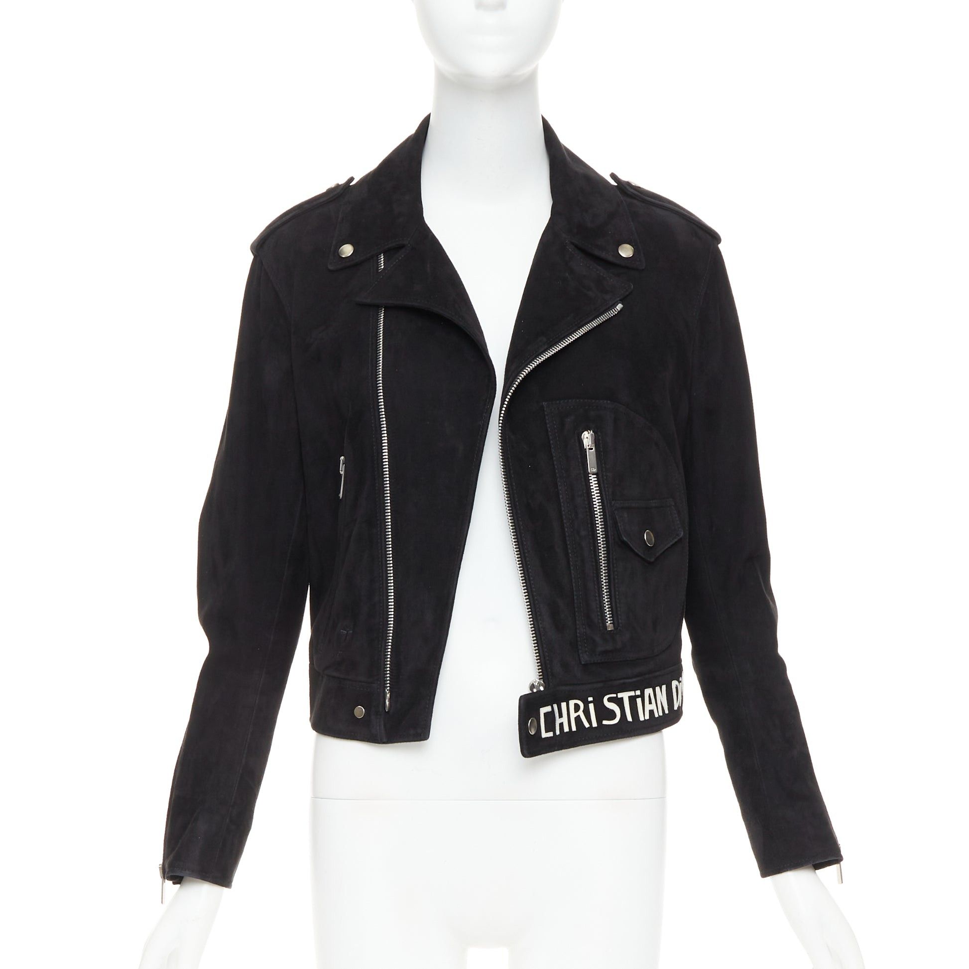 Dior CHRISTIAN DIOR black suede lambskin leather patchwork applique biker jacket FR36 S Size S / US 4 / IT 40 - 2 Thumbnail