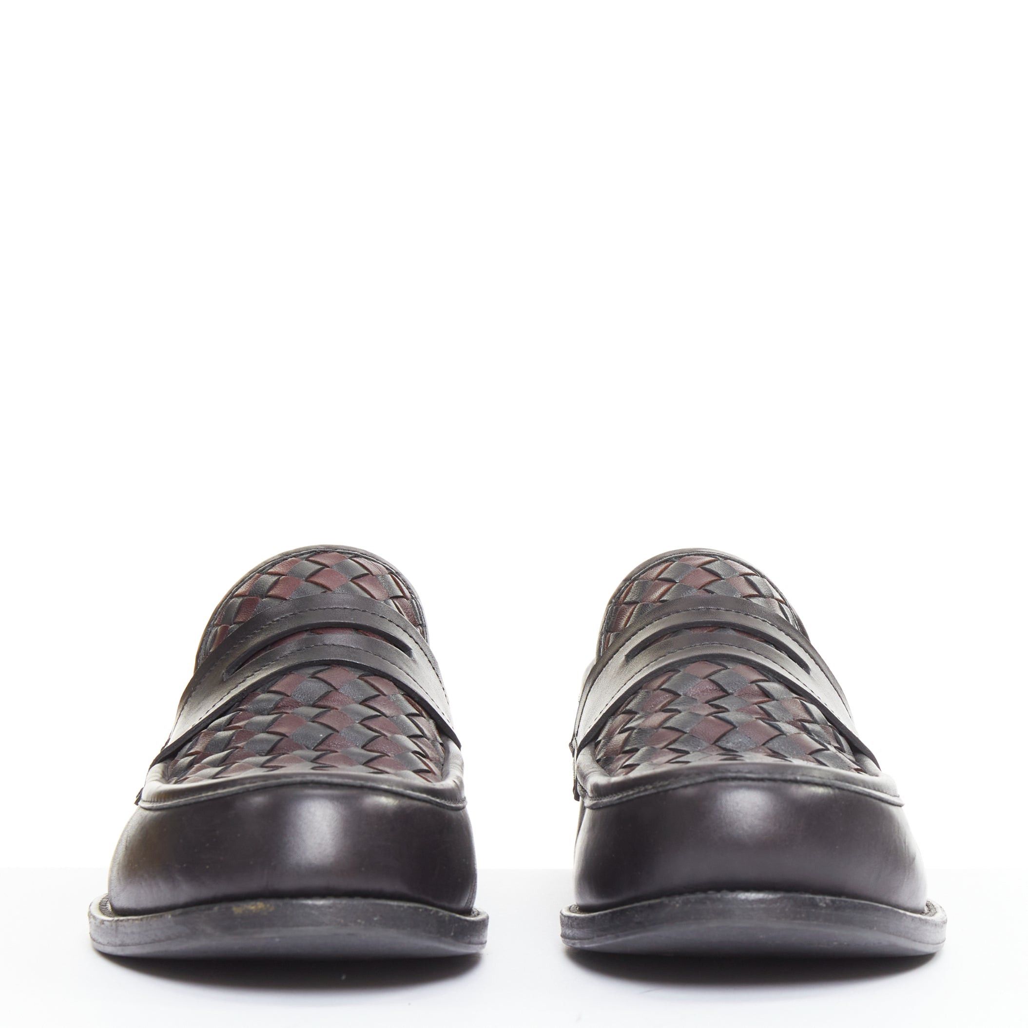 Bottega Veneta BOTTEGA VENETA Intrecciato black burgundy woven leather penny loafers EU43 Size US 10 / EU 43 - 4 Thumbnail