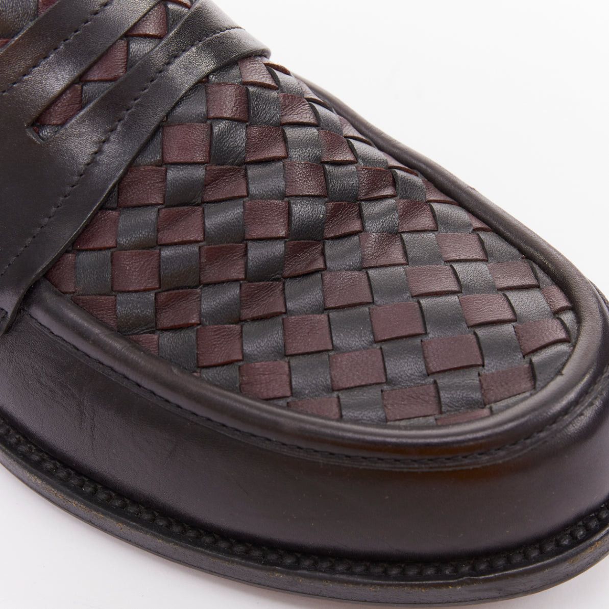 Bottega Veneta BOTTEGA VENETA Intrecciato black burgundy woven leather penny loafers EU43 Size US 10 / EU 43 - 5 Thumbnail