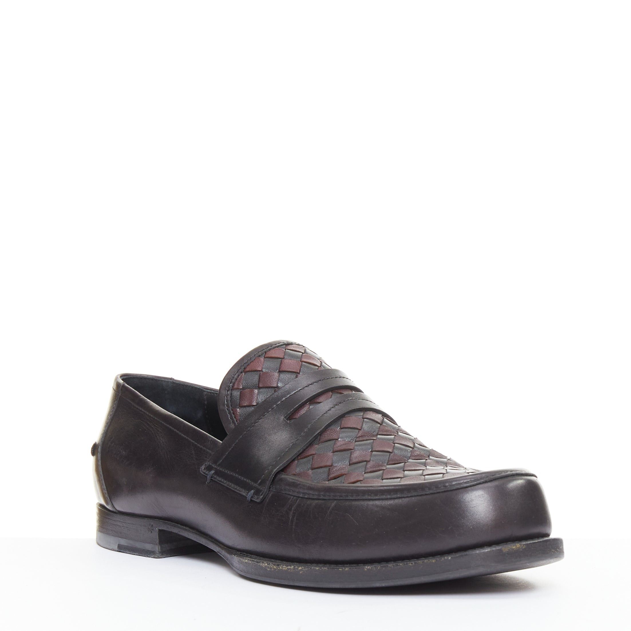 Bottega Veneta BOTTEGA VENETA Intrecciato black burgundy woven leather penny loafers EU43 Size US 10 / EU 43 - 2 Thumbnail