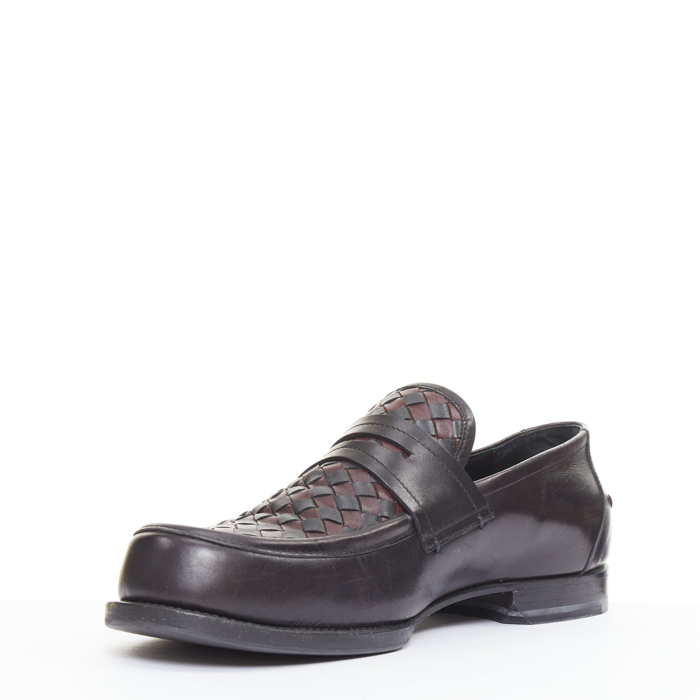 Bottega Veneta BOTTEGA VENETA Intrecciato black burgundy woven leather penny loafers EU43 Size US 10 / EU 43 - 3 Thumbnail