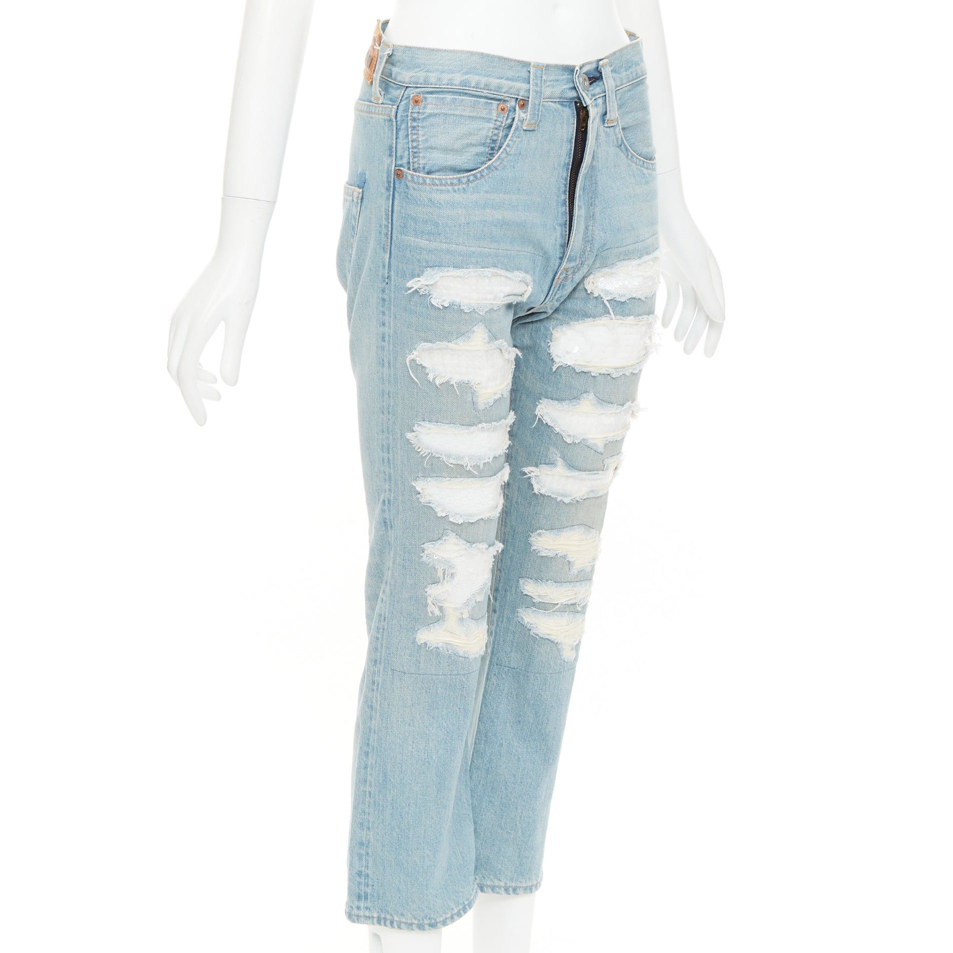 Junya Watanabe JUNYA WATANABE DENIM 2020 light blue white sequin embellished distressed mid rise jeans XS Size 26" / US 2 / IT 38 - 3 Thumbnail