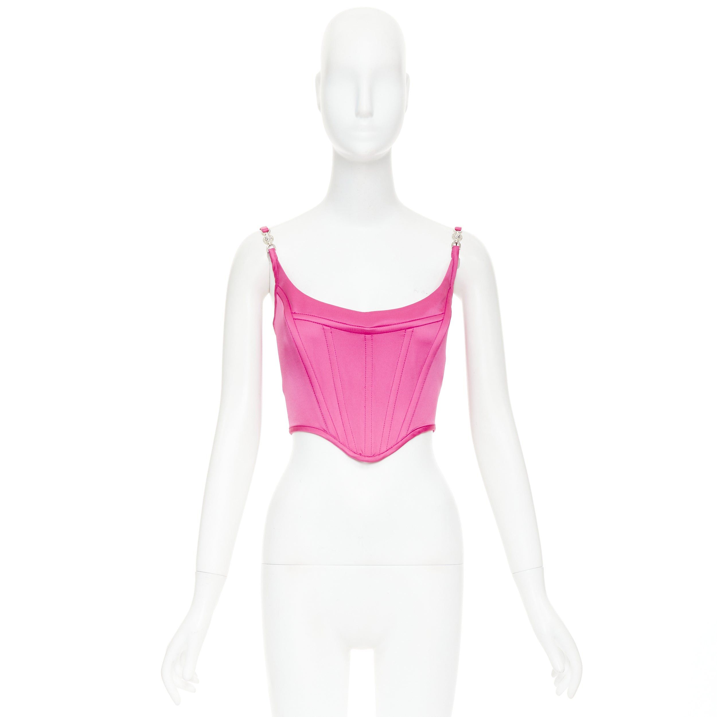 Versace new VERSACE Medusa '95 Satin Waterlilly fuschia pink boned silver buckle crop top IT36 XXS Size XS / US 0-2 / IT 36-38 - 9 Thumbnail