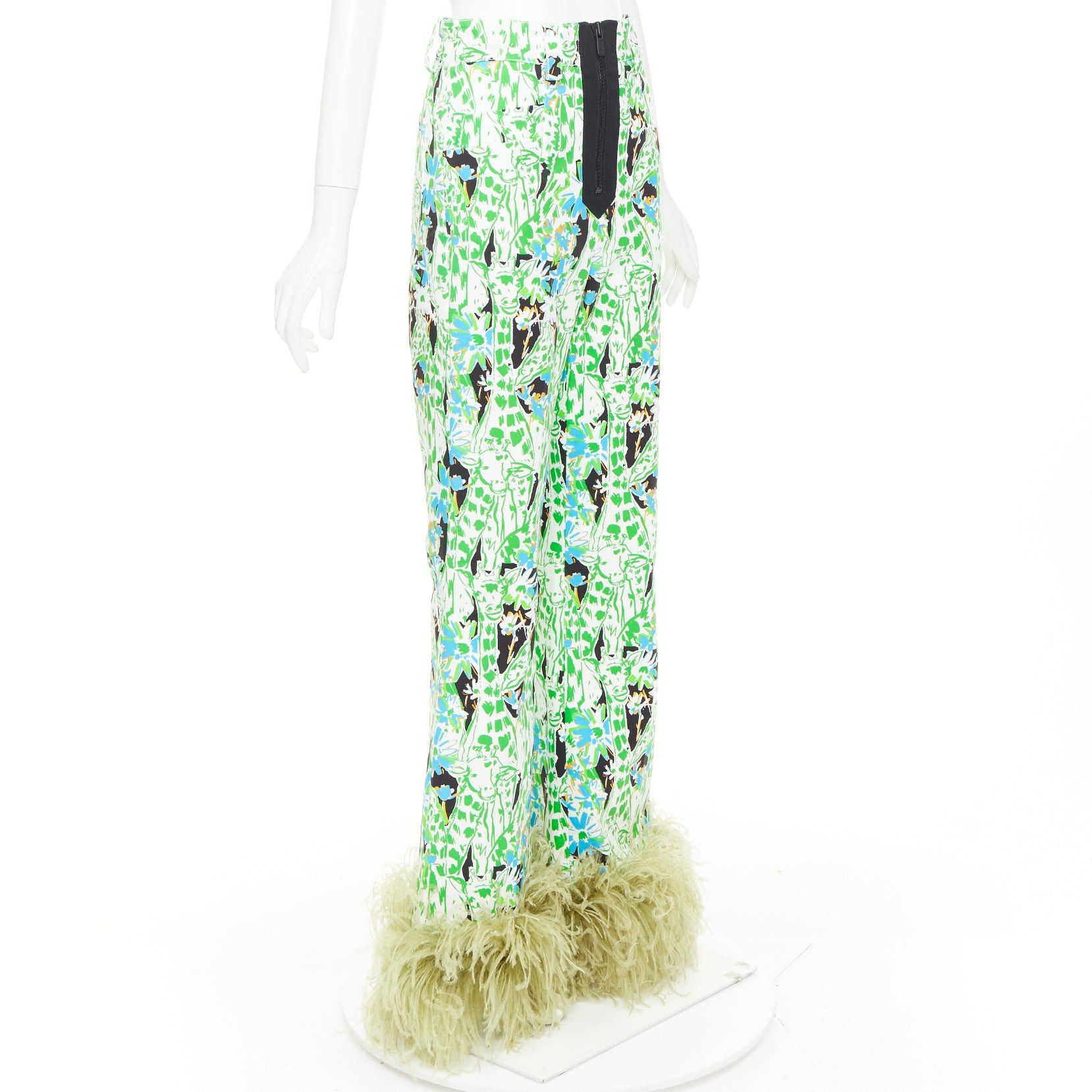 Miu Miu MIU MIU 2018 Runway green multi giraffe print feather hem flared pants IT40 S Natalie Portman Size 27" / US 4 / IT 40 - 3 Thumbnail