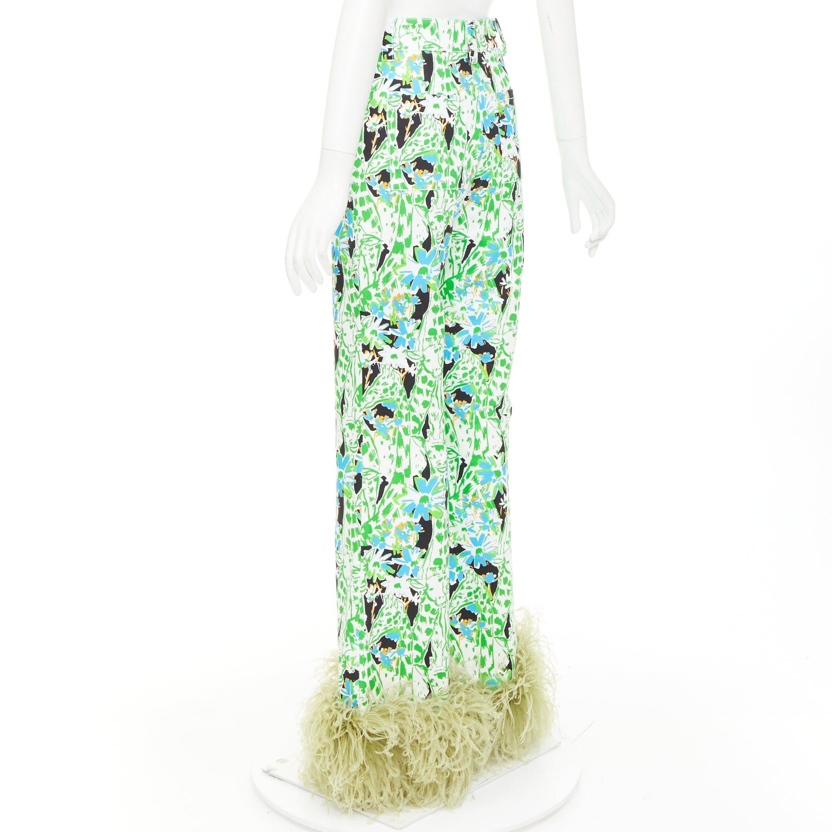 Miu Miu MIU MIU 2018 Runway green multi giraffe print feather hem flared pants IT40 S Natalie Portman Size 27" / US 4 / IT 40 - 6 Thumbnail
