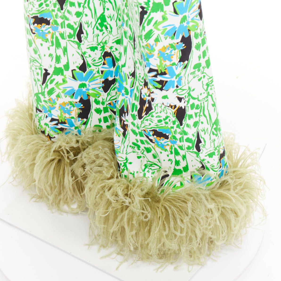 Miu Miu MIU MIU 2018 Runway green multi giraffe print feather hem flared pants IT40 S Natalie Portman Size 27" / US 4 / IT 40 - 7 Thumbnail