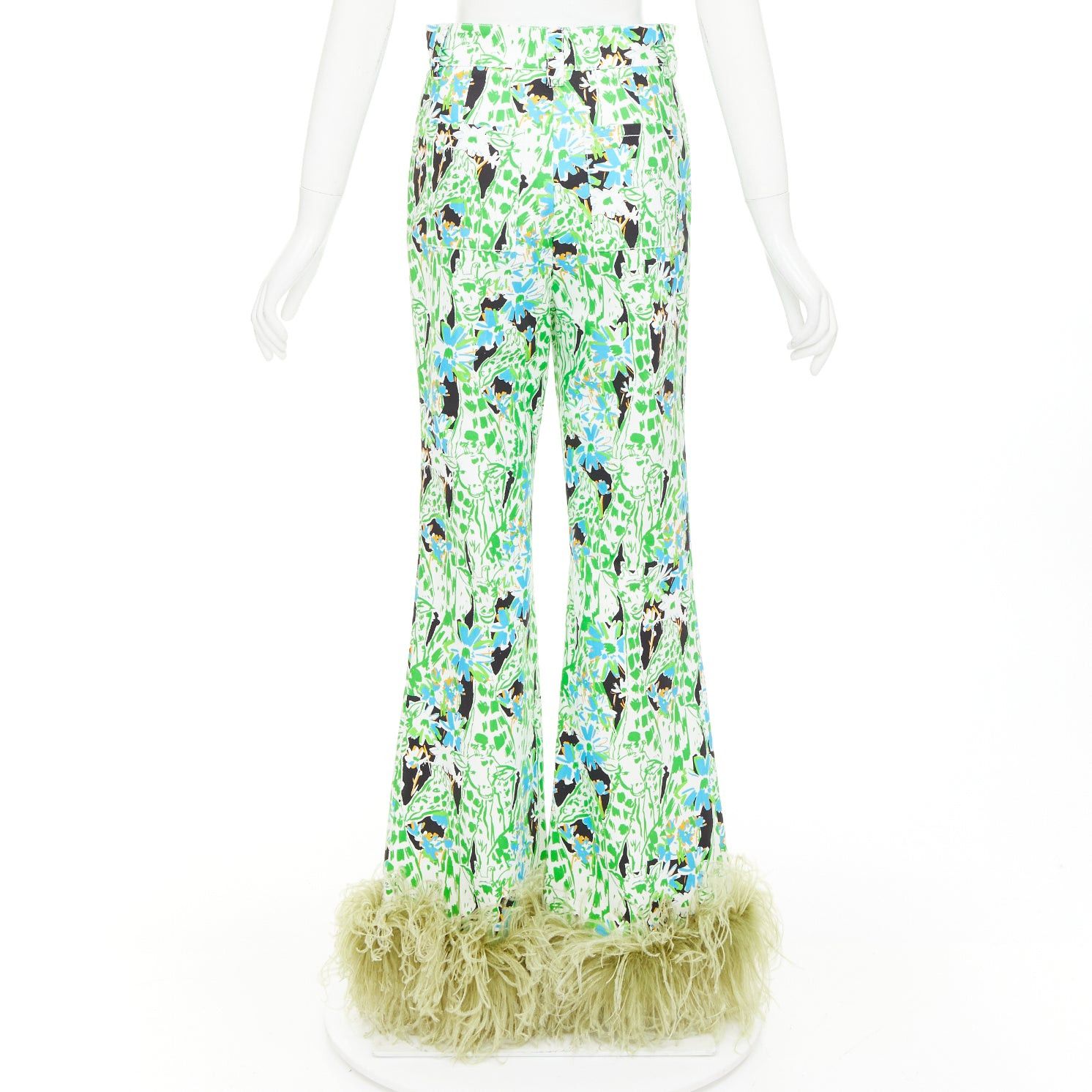 Miu Miu MIU MIU 2018 Runway green multi giraffe print feather hem flared pants IT40 S Natalie Portman Size 27" / US 4 / IT 40 - 5 Thumbnail