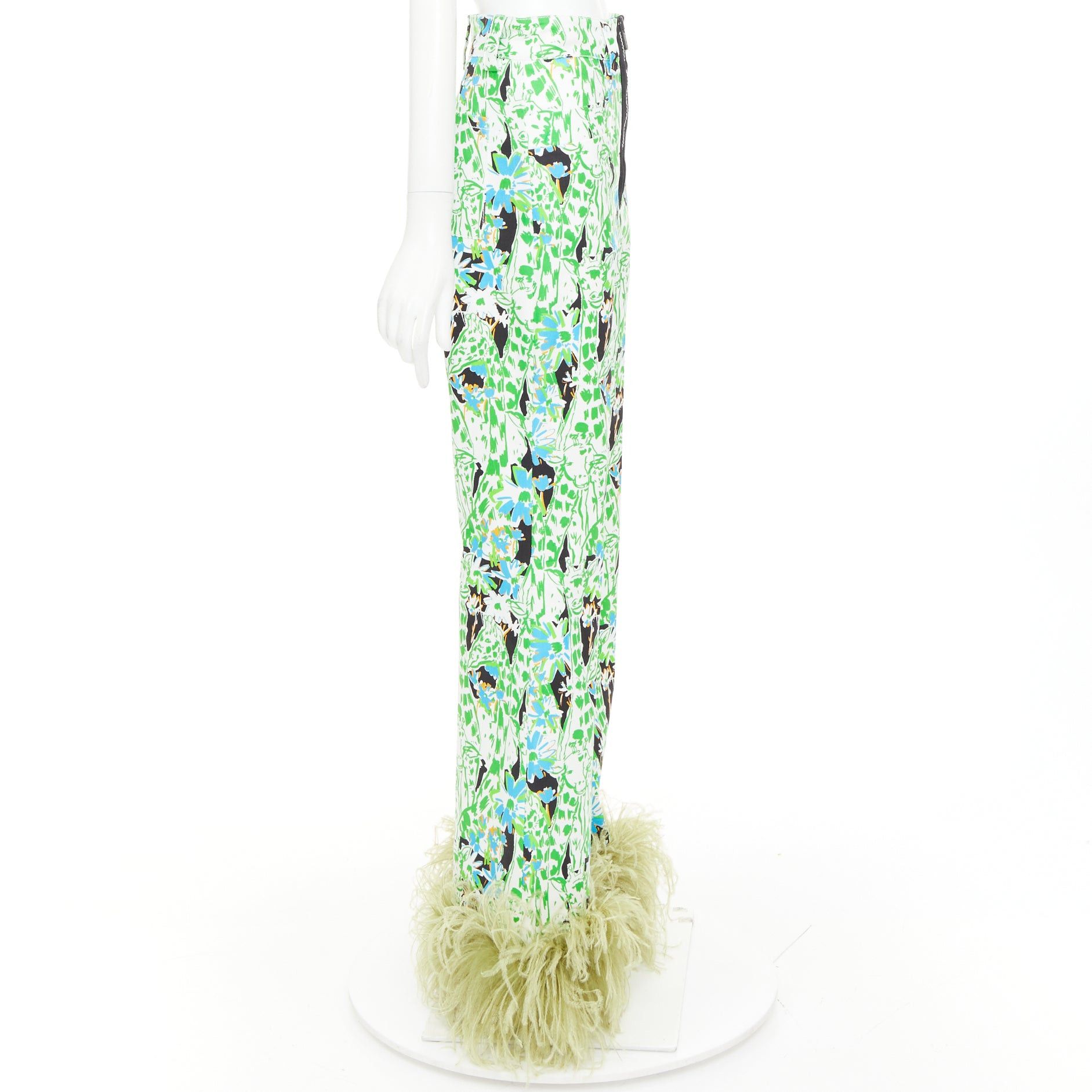 Miu Miu MIU MIU 2018 Runway green multi giraffe print feather hem flared pants IT40 S Natalie Portman Size 27" / US 4 / IT 40 - 4 Thumbnail