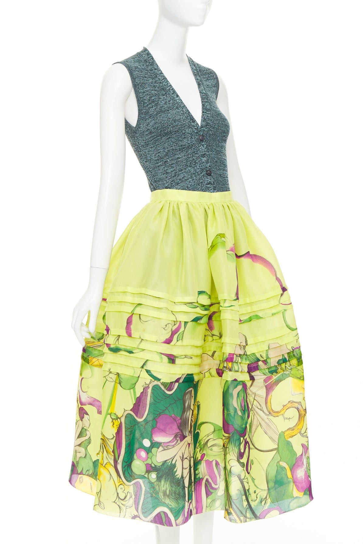 Prada rare PRADA JAMES JEAN 2008 Runway Fairy green print silk organza full skirt knit vest set IT40 S Size S / US 4 / IT 40 - 3 Thumbnail