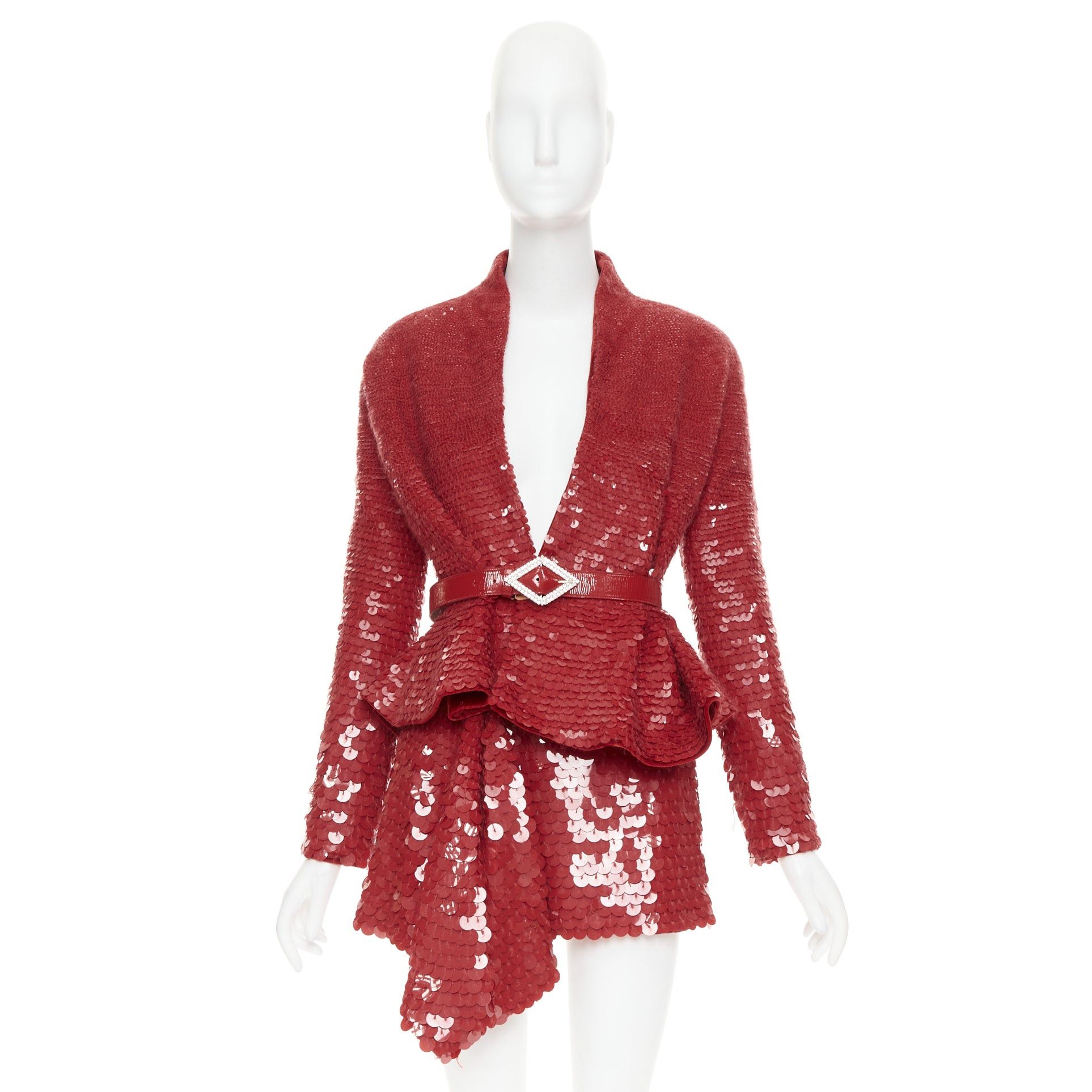 Alexandre Vauthier ALEXANDRE VAUTHIER COUTURE SS2022 Runway red gradient bead sequin pailette belted peplum jacket skirt Size S / US 4 / IT 40 - 13 Thumbnail