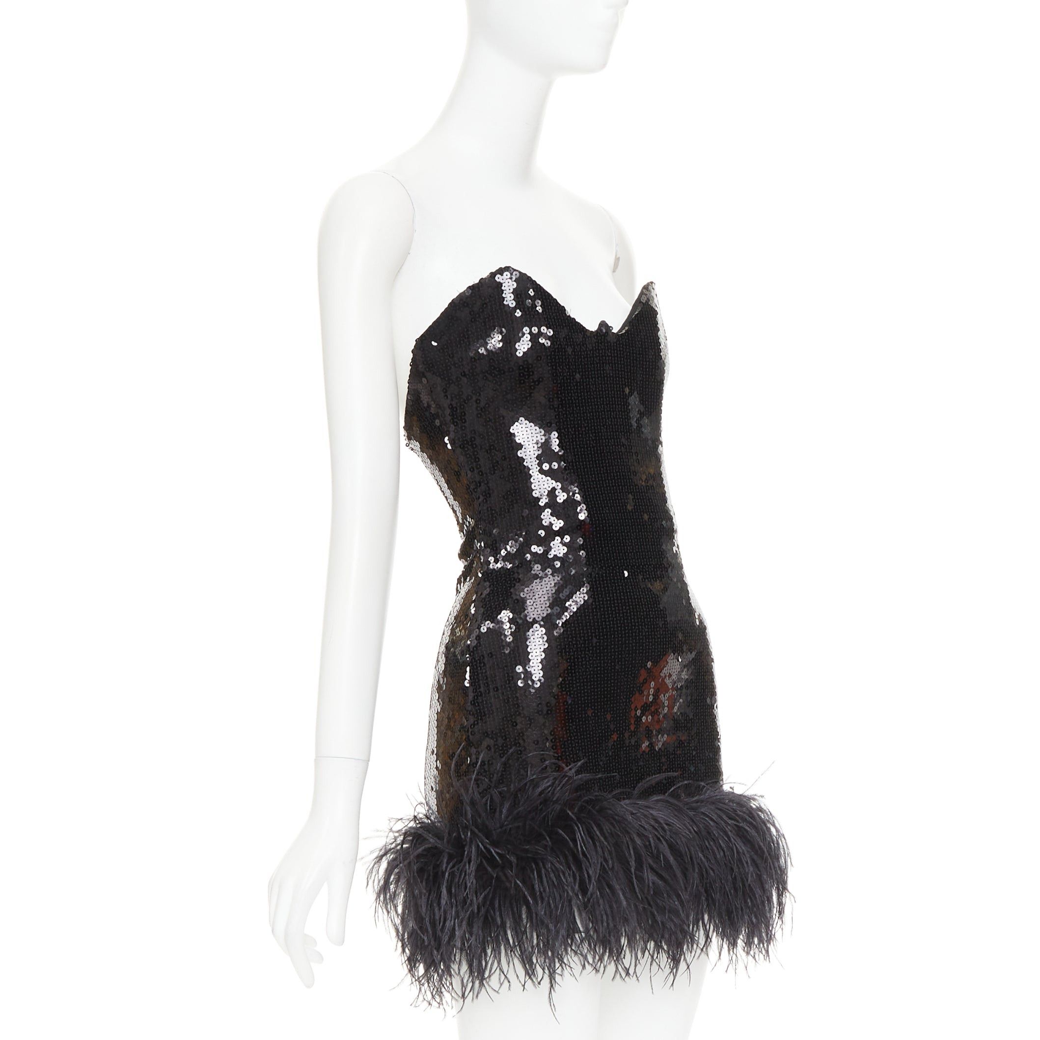 Alexandre Vauthier ALEXANDRE VAUTHIER SS2022 Runway black sequin pailette ostrich feather hem sweetheart mini dress Size S / US 4 / IT 40 - 3 Thumbnail