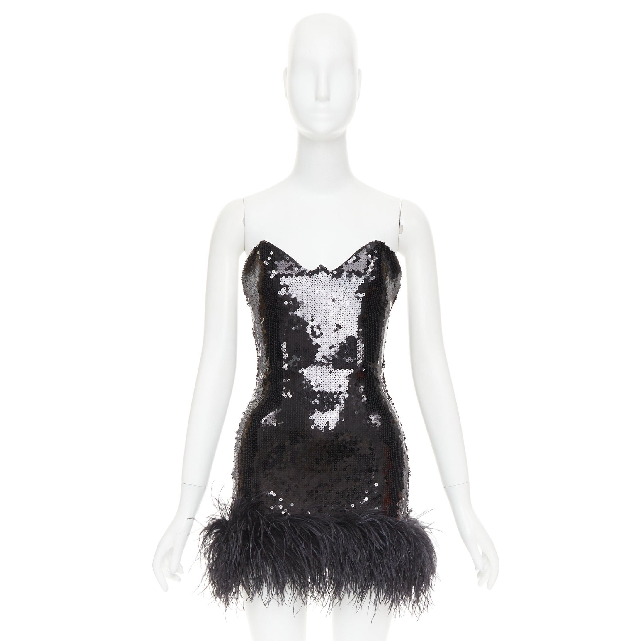 Alexandre Vauthier ALEXANDRE VAUTHIER SS2022 Runway black sequin pailette ostrich feather hem sweetheart mini dress Size S / US 4 / IT 40 - 9 Thumbnail
