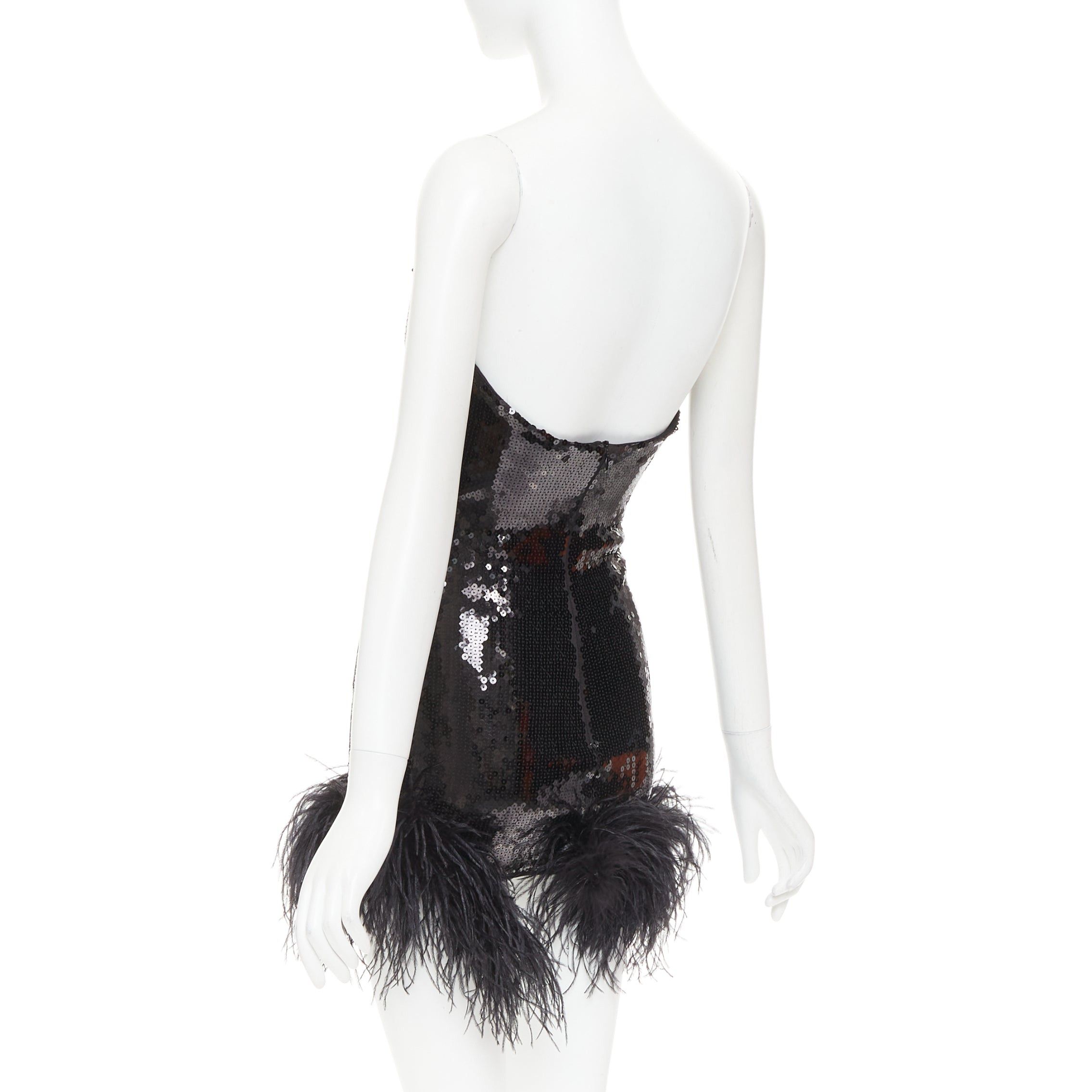 Alexandre Vauthier ALEXANDRE VAUTHIER SS2022 Runway black sequin pailette ostrich feather hem sweetheart mini dress Size S / US 4 / IT 40 - 6 Thumbnail