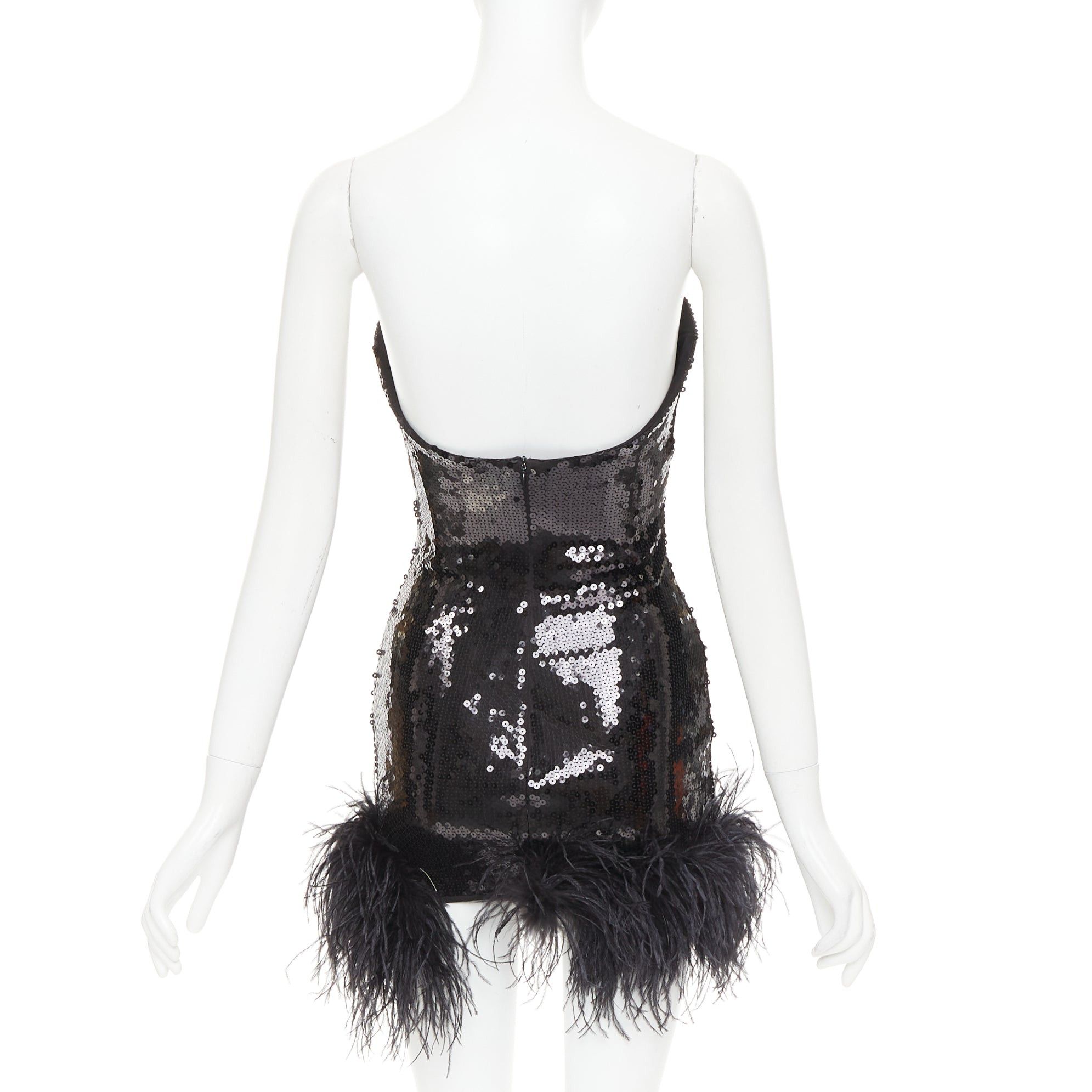 Alexandre Vauthier ALEXANDRE VAUTHIER SS2022 Runway black sequin pailette ostrich feather hem sweetheart mini dress Size S / US 4 / IT 40 - 5 Thumbnail