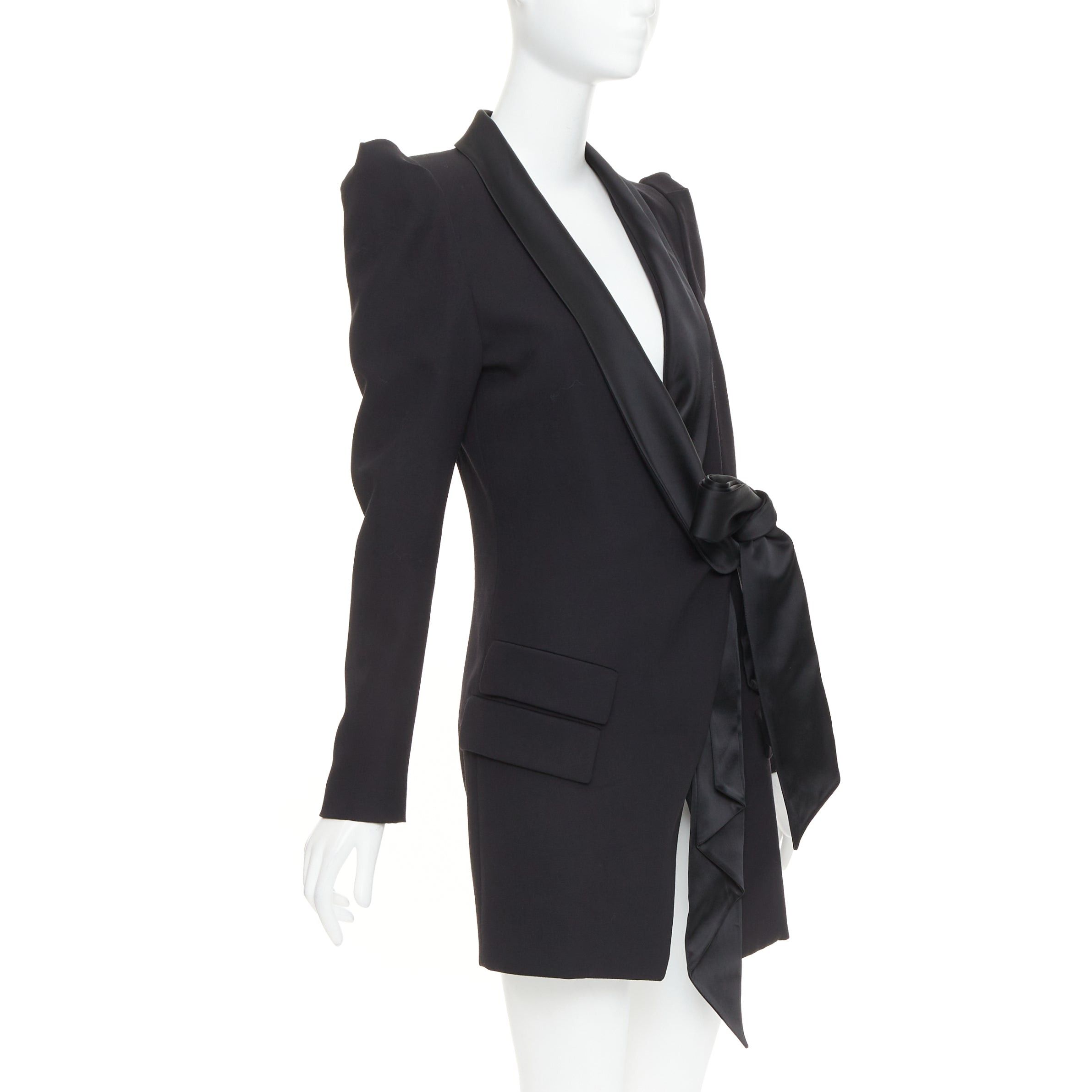 Alexandre Vauthier ALEXANDRE VAUTHIER COUTURE SS2018 Runway black wool pagoda shoulder satin tie blazer dress FR36 S Size S / US 4 / IT 40 - 3 Thumbnail