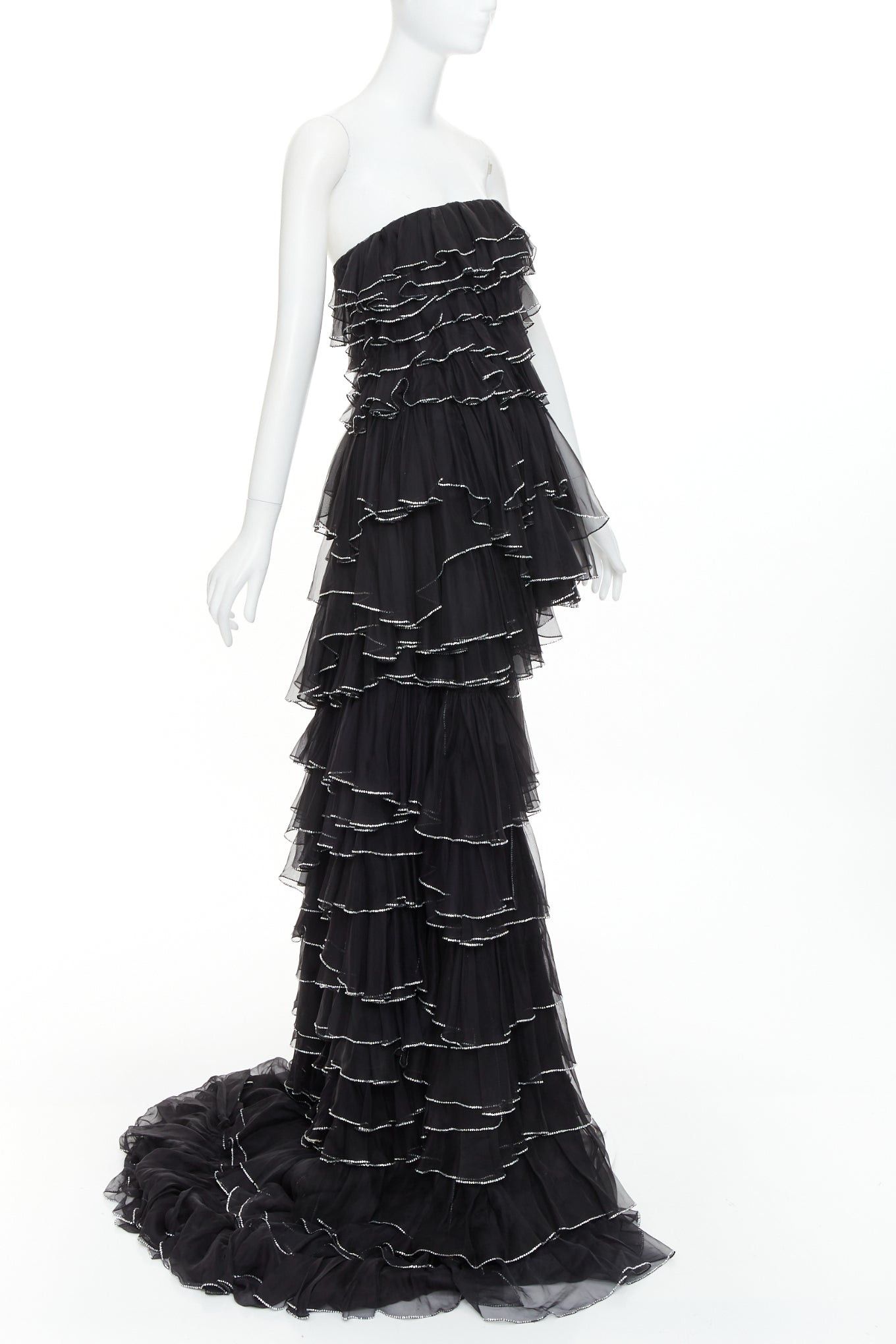 Alexandre Vauthier ALEXANDRE VAUTHIER COUTURE AW2018 Runway black silky crystal strass tiered petal high slit low gown Size S / US 4 / IT 40 - 3 Thumbnail