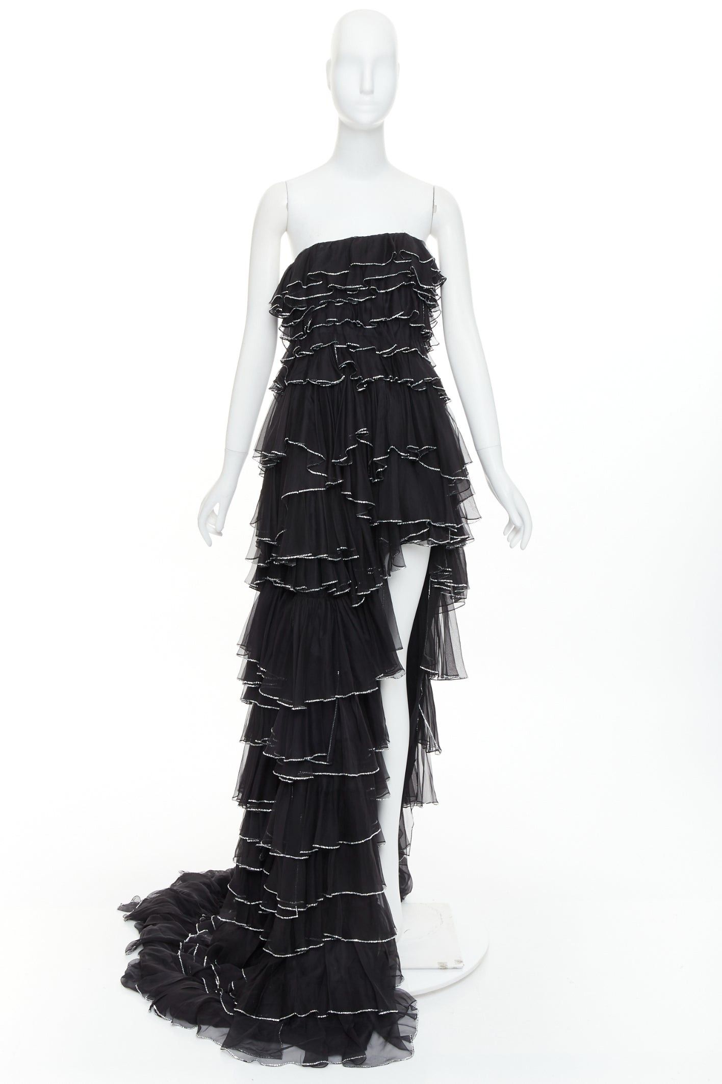 Alexandre Vauthier ALEXANDRE VAUTHIER COUTURE AW2018 Runway black silky crystal strass tiered petal high slit low gown Size S / US 4 / IT 40 - 12 Thumbnail