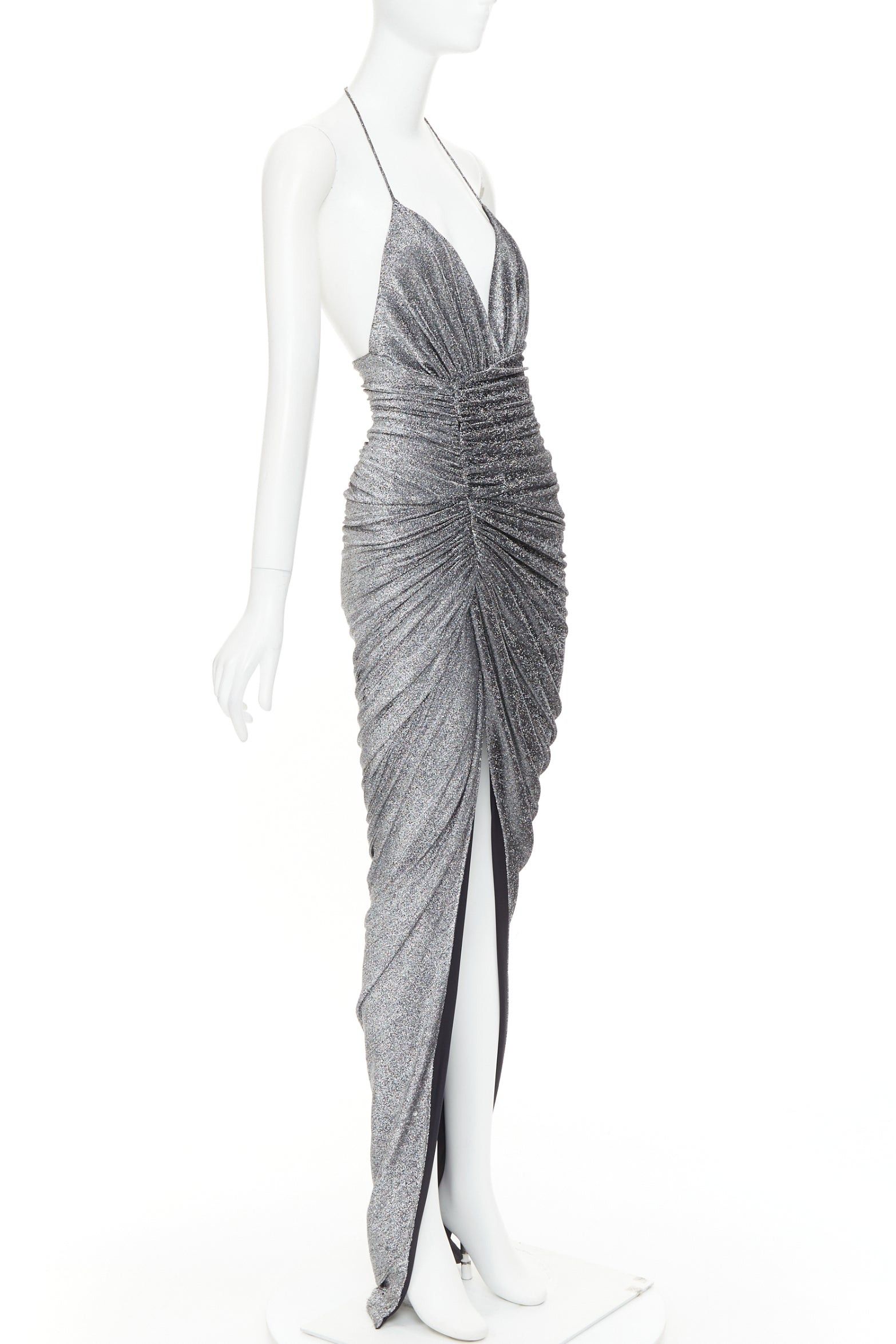 Alexandre Vauthier ALEXANDRE VAUTHIER metallic silver lurex knit side ruched backless crystal pave halter dress Size S / US 4 / IT 40 - 3 Thumbnail