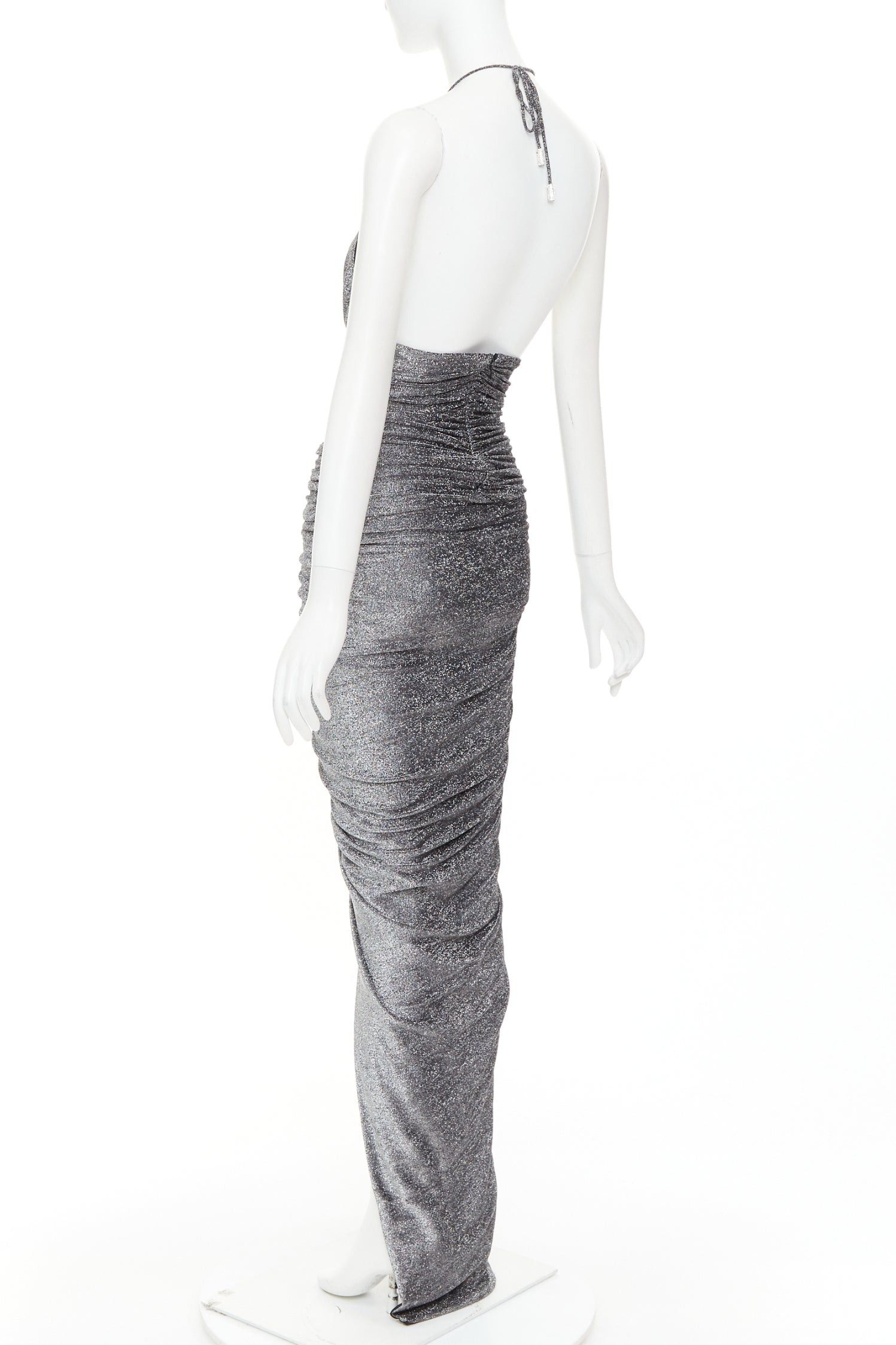 Alexandre Vauthier ALEXANDRE VAUTHIER metallic silver lurex knit side ruched backless crystal pave halter dress Size S / US 4 / IT 40 - 6 Thumbnail