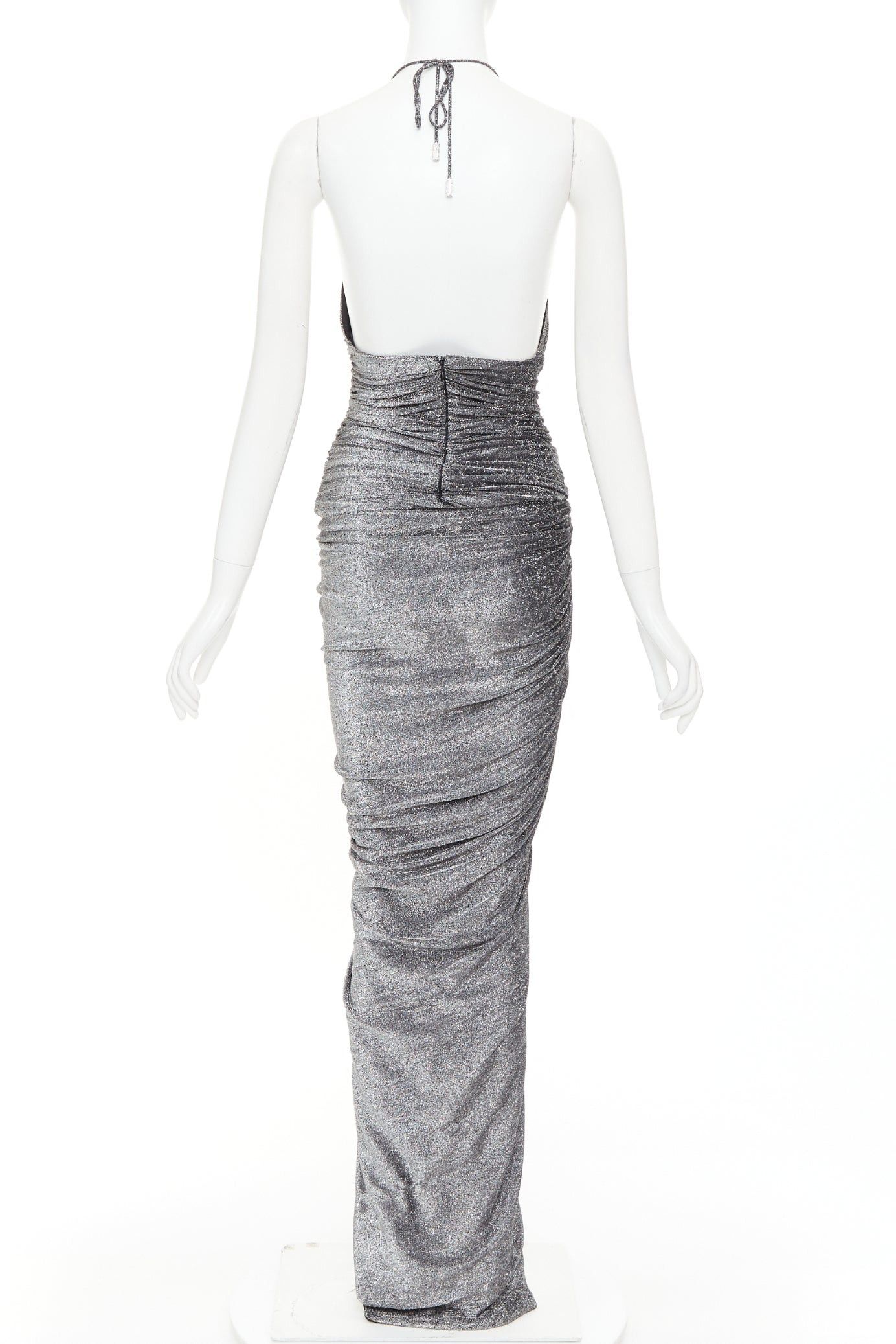 Alexandre Vauthier ALEXANDRE VAUTHIER metallic silver lurex knit side ruched backless crystal pave halter dress Size S / US 4 / IT 40 - 5 Thumbnail