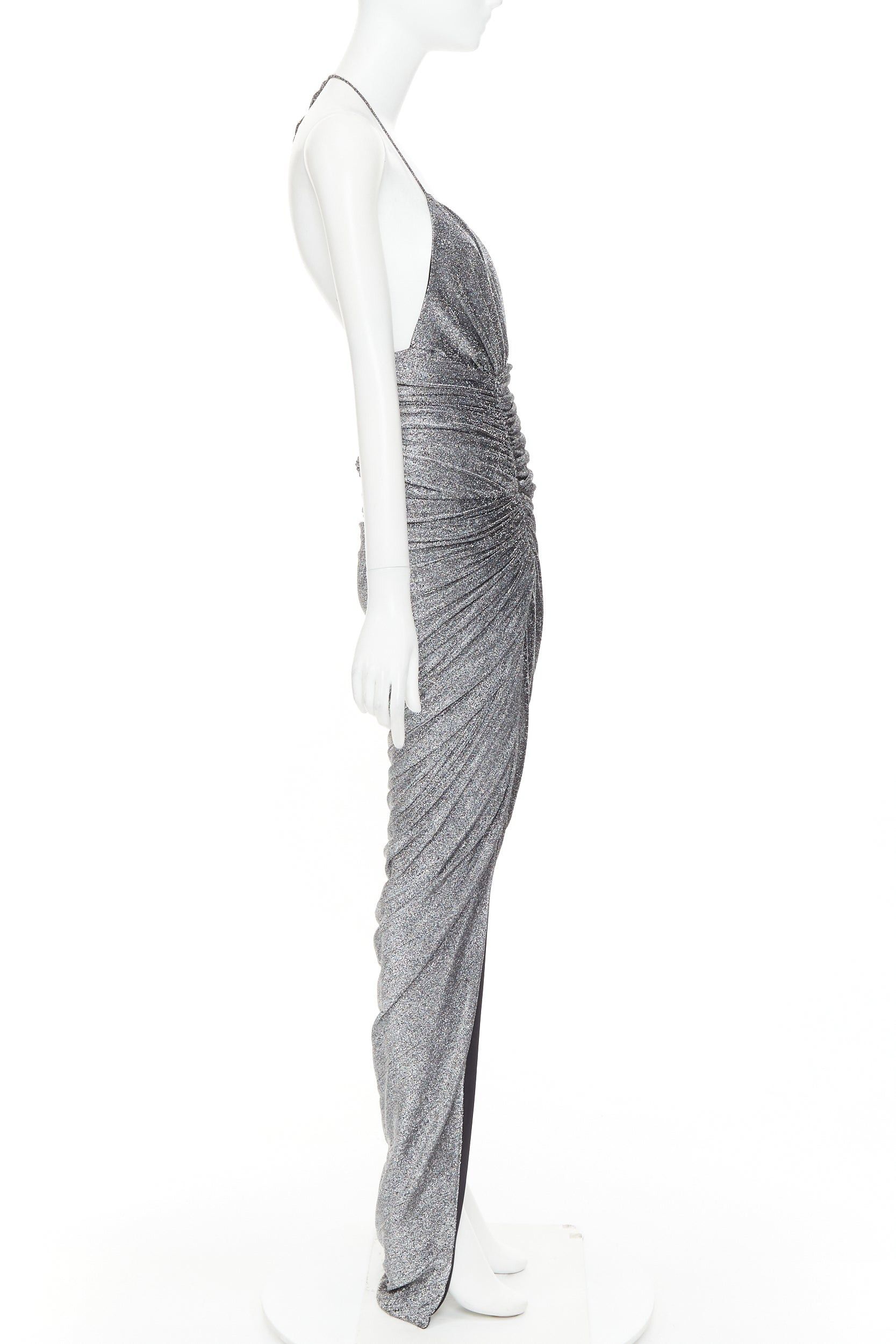 Alexandre Vauthier ALEXANDRE VAUTHIER metallic silver lurex knit side ruched backless crystal pave halter dress Size S / US 4 / IT 40 - 4 Thumbnail