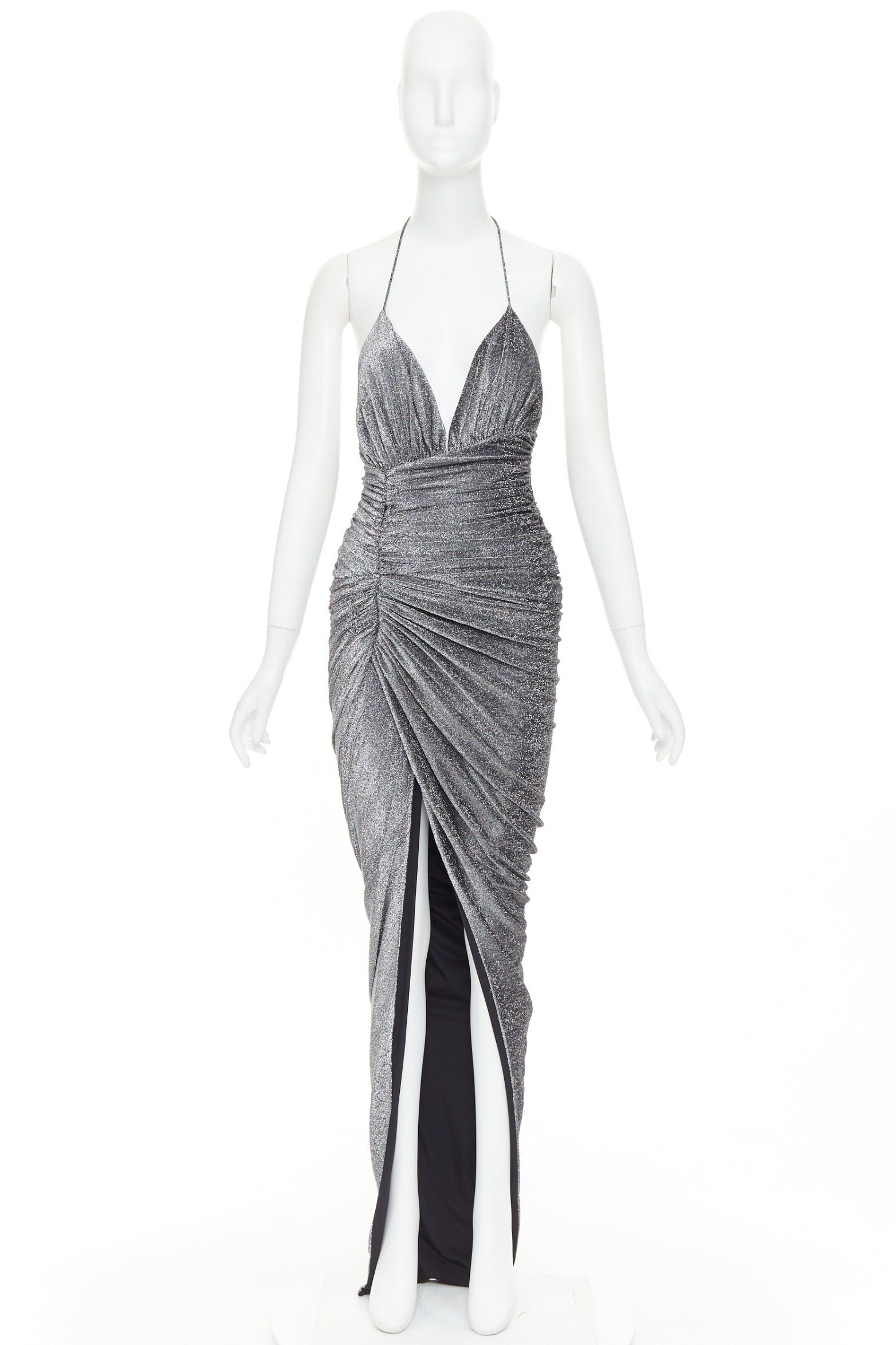 Alexandre Vauthier ALEXANDRE VAUTHIER metallic silver lurex knit side ruched backless crystal pave halter dress Size S / US 4 / IT 40 - 14 Thumbnail