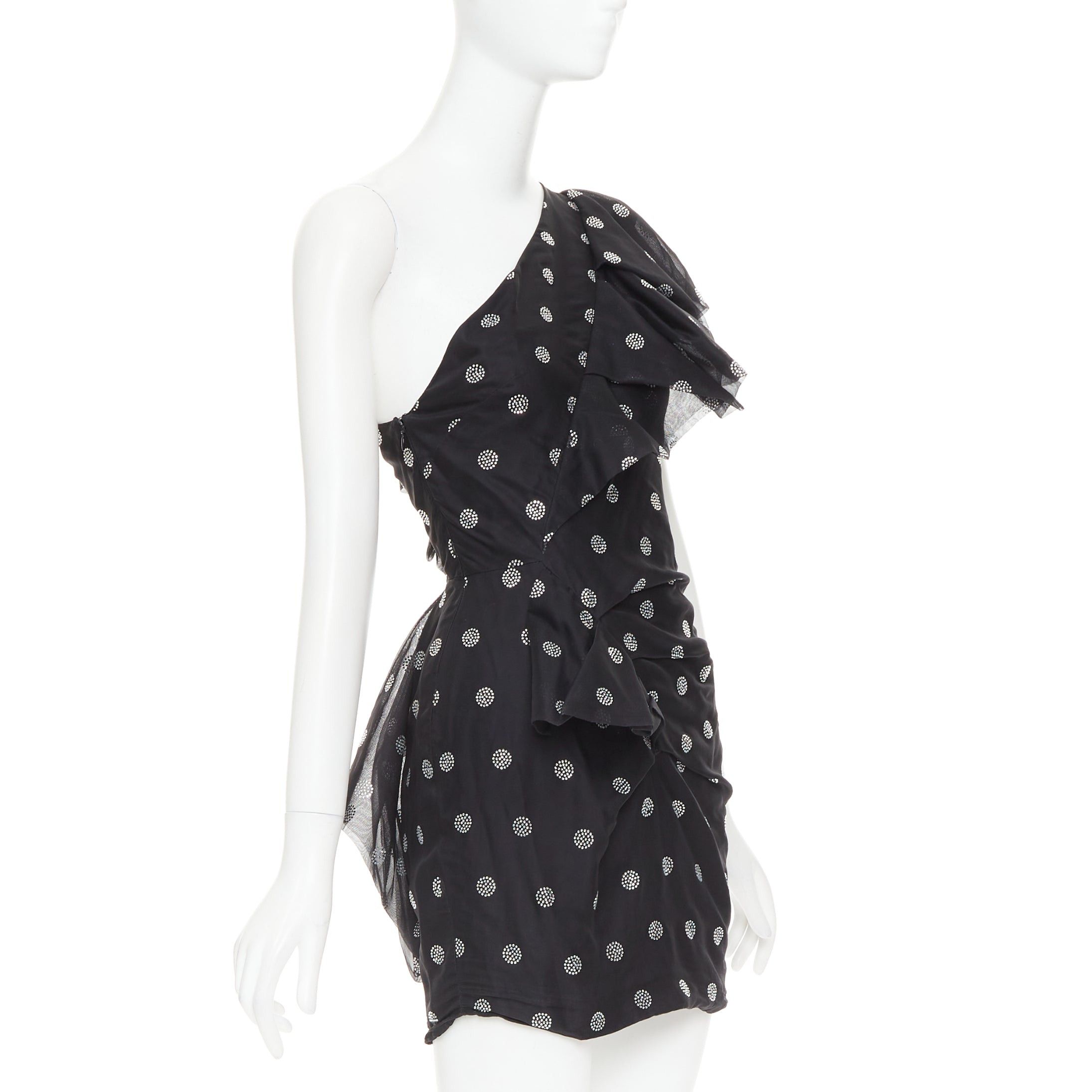 Alexandre Vauthier ALEXANDRE VAUTHIER SS2019 black chiffon silver crystal ruffle one shoulder dress Size S / US 4 / IT 40 - 3 Thumbnail