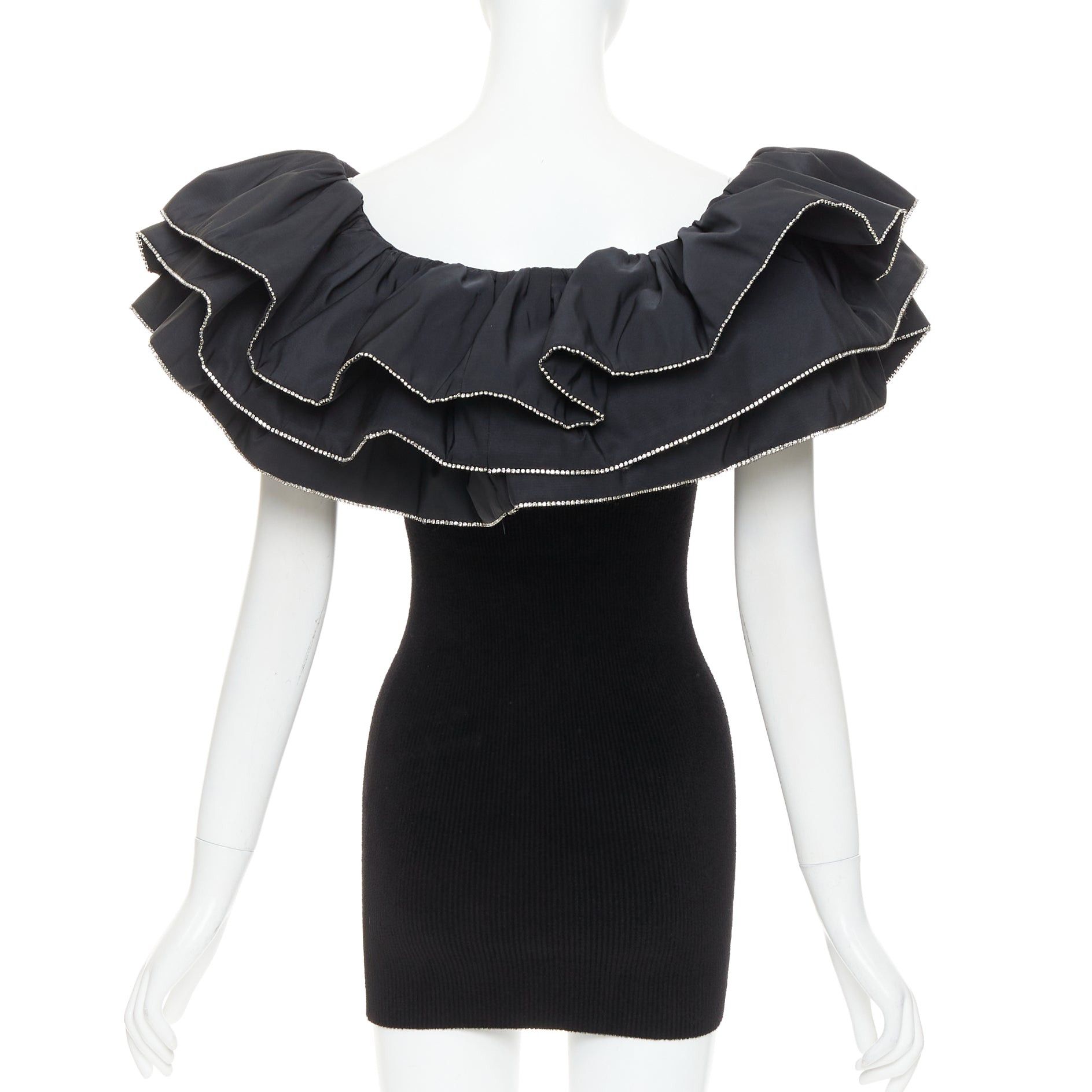 Alexandre Vauthier ALEXANDRE VAUTHIER 2024 black ribbed velour knit crystal trim ruffle mini dress Size S / US 4 / IT 40 - 5 Thumbnail