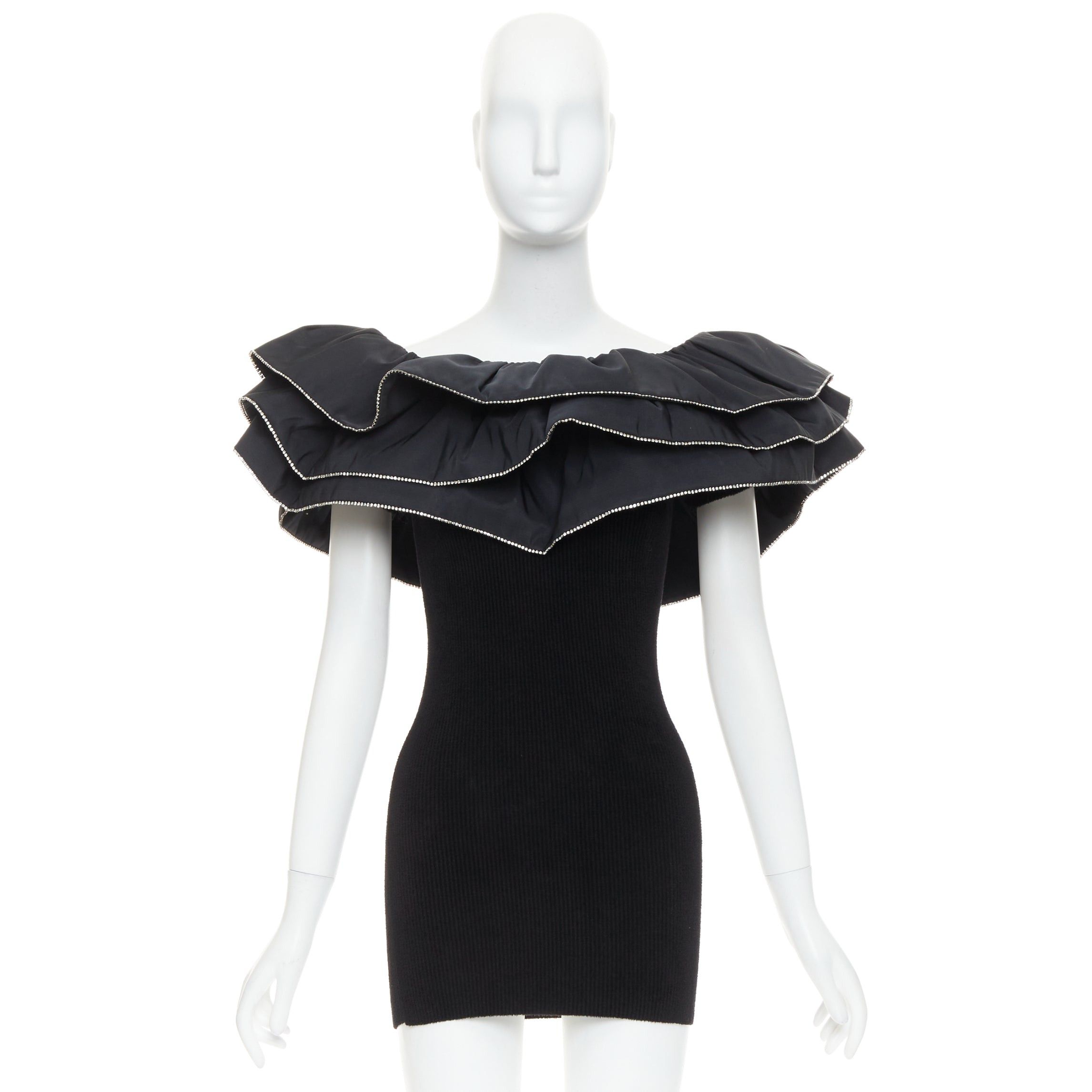 Alexandre Vauthier ALEXANDRE VAUTHIER 2024 black ribbed velour knit crystal trim ruffle mini dress Size S / US 4 / IT 40 - 10 Thumbnail