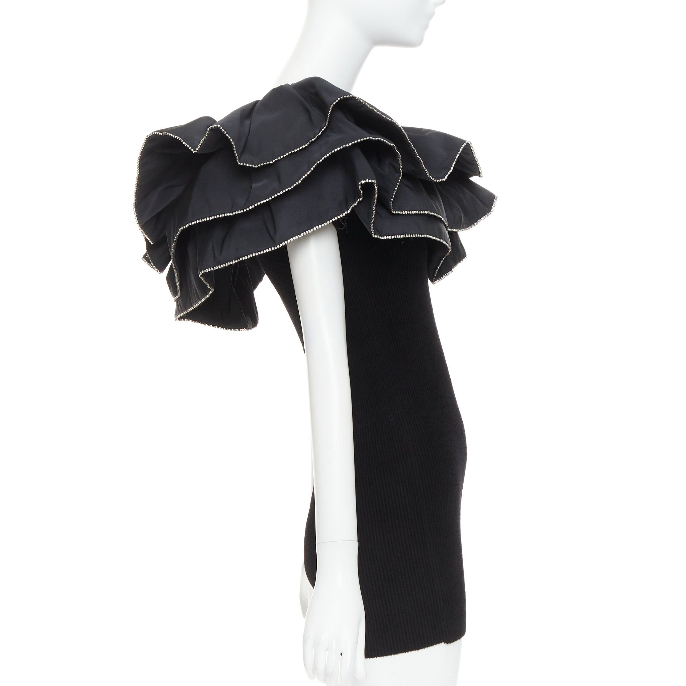 Alexandre Vauthier ALEXANDRE VAUTHIER 2024 black ribbed velour knit crystal trim ruffle mini dress Size S / US 4 / IT 40 - 4 Thumbnail