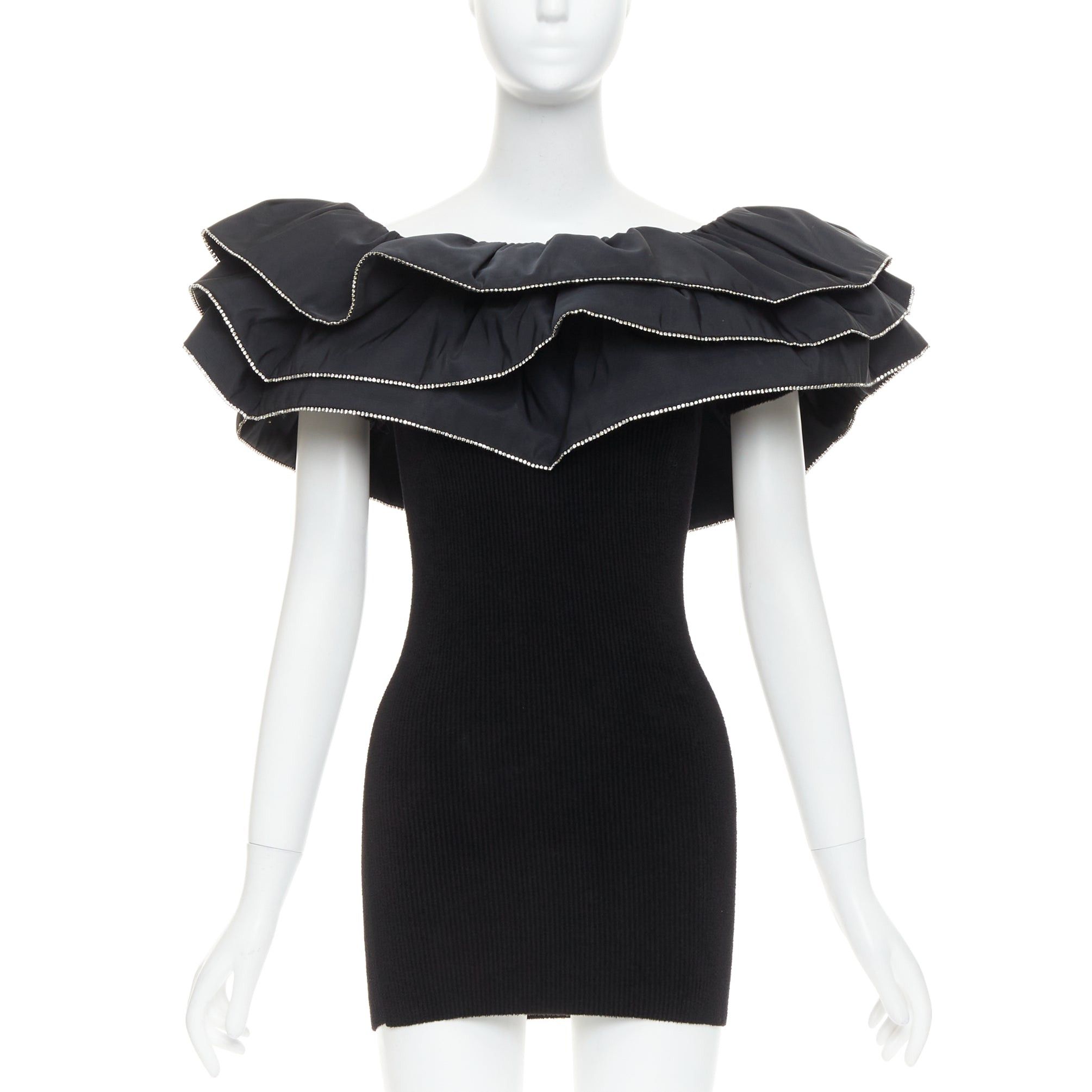 Alexandre Vauthier ALEXANDRE VAUTHIER 2024 black ribbed velour knit crystal trim ruffle mini dress Size S / US 4 / IT 40 - 3 Thumbnail