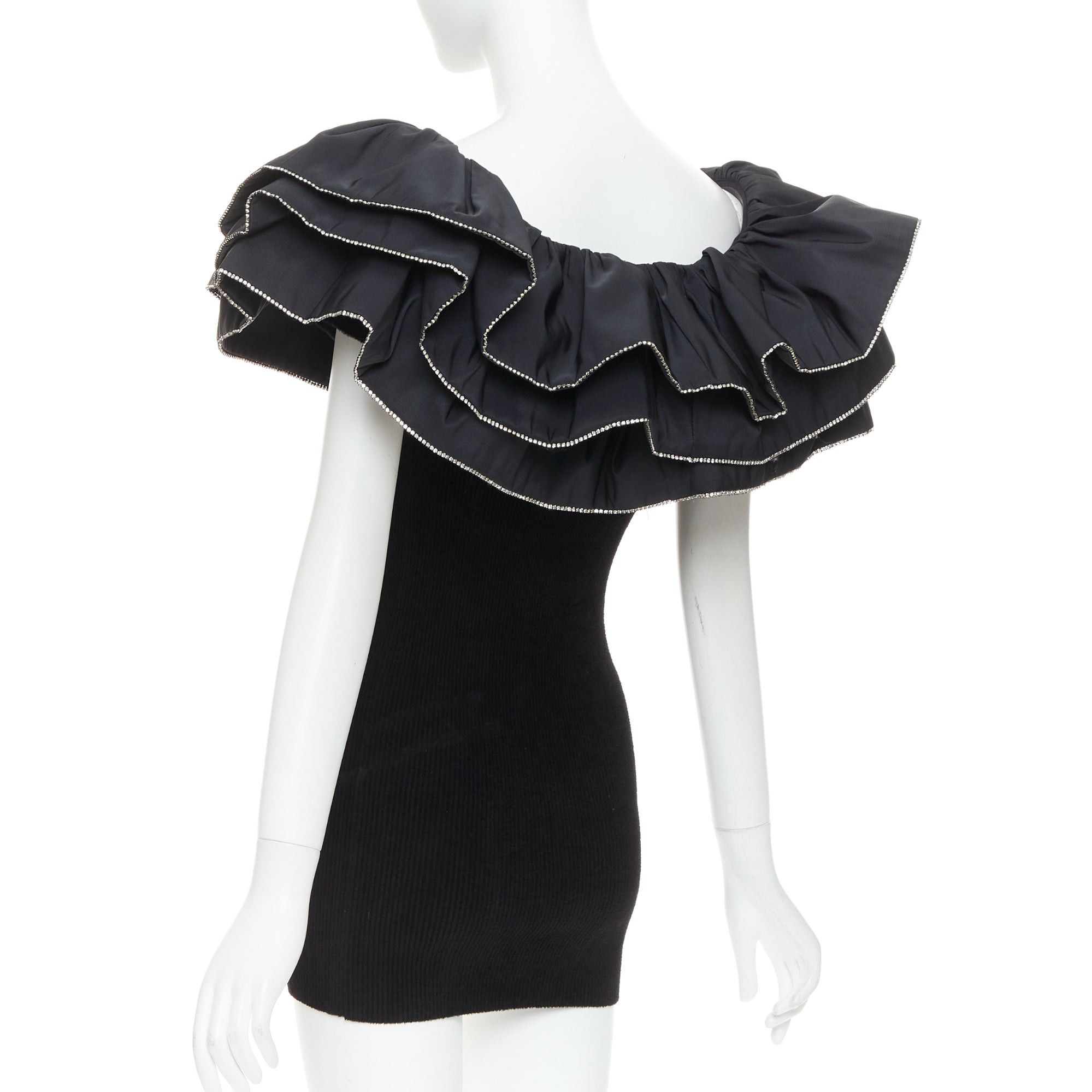Alexandre Vauthier ALEXANDRE VAUTHIER 2024 black ribbed velour knit crystal trim ruffle mini dress Size S / US 4 / IT 40 - 6 Thumbnail