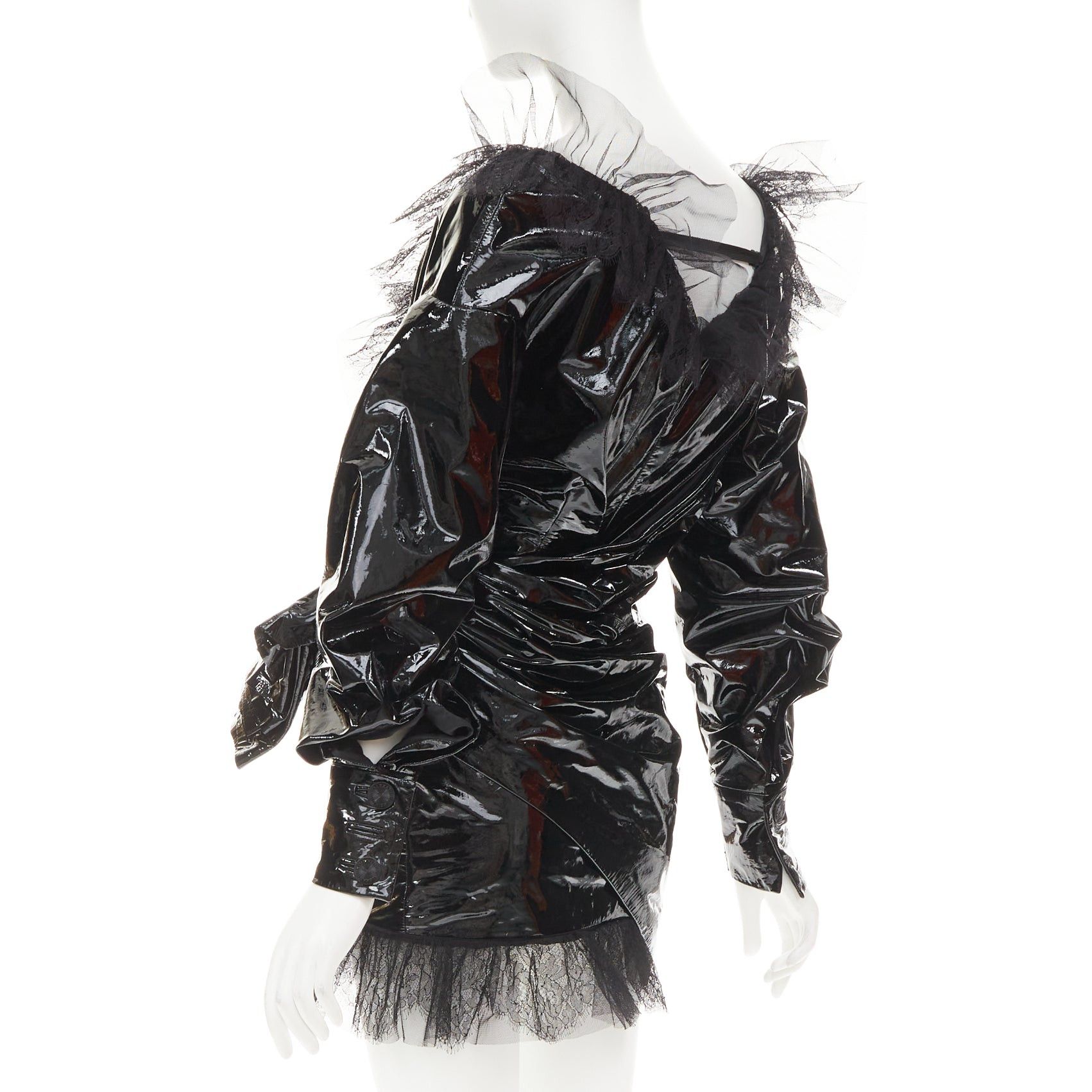 Alexandre Vauthier rare ALEXANDRE VAUTHIER COUTURE AW2018 Runway black PVC tulle lace plunge wrap mini dress Size S / US 4 / IT 40 - 6 Thumbnail