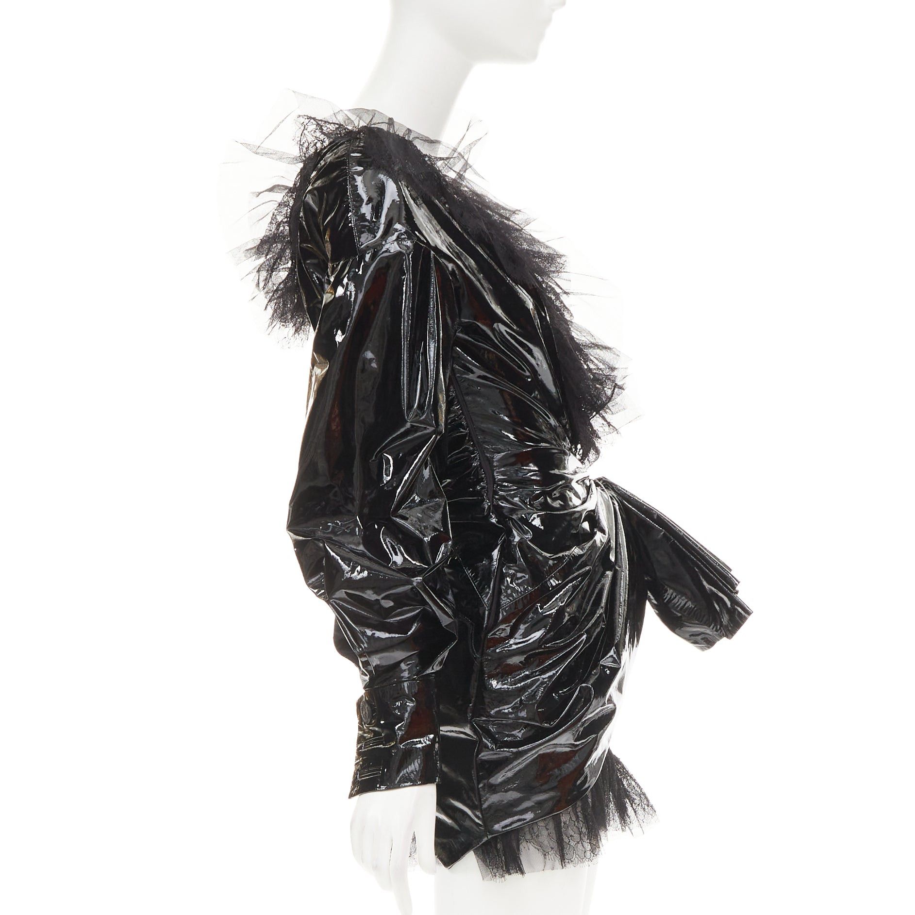 Alexandre Vauthier rare ALEXANDRE VAUTHIER COUTURE AW2018 Runway black PVC tulle lace plunge wrap mini dress Size S / US 4 / IT 40 - 4 Thumbnail
