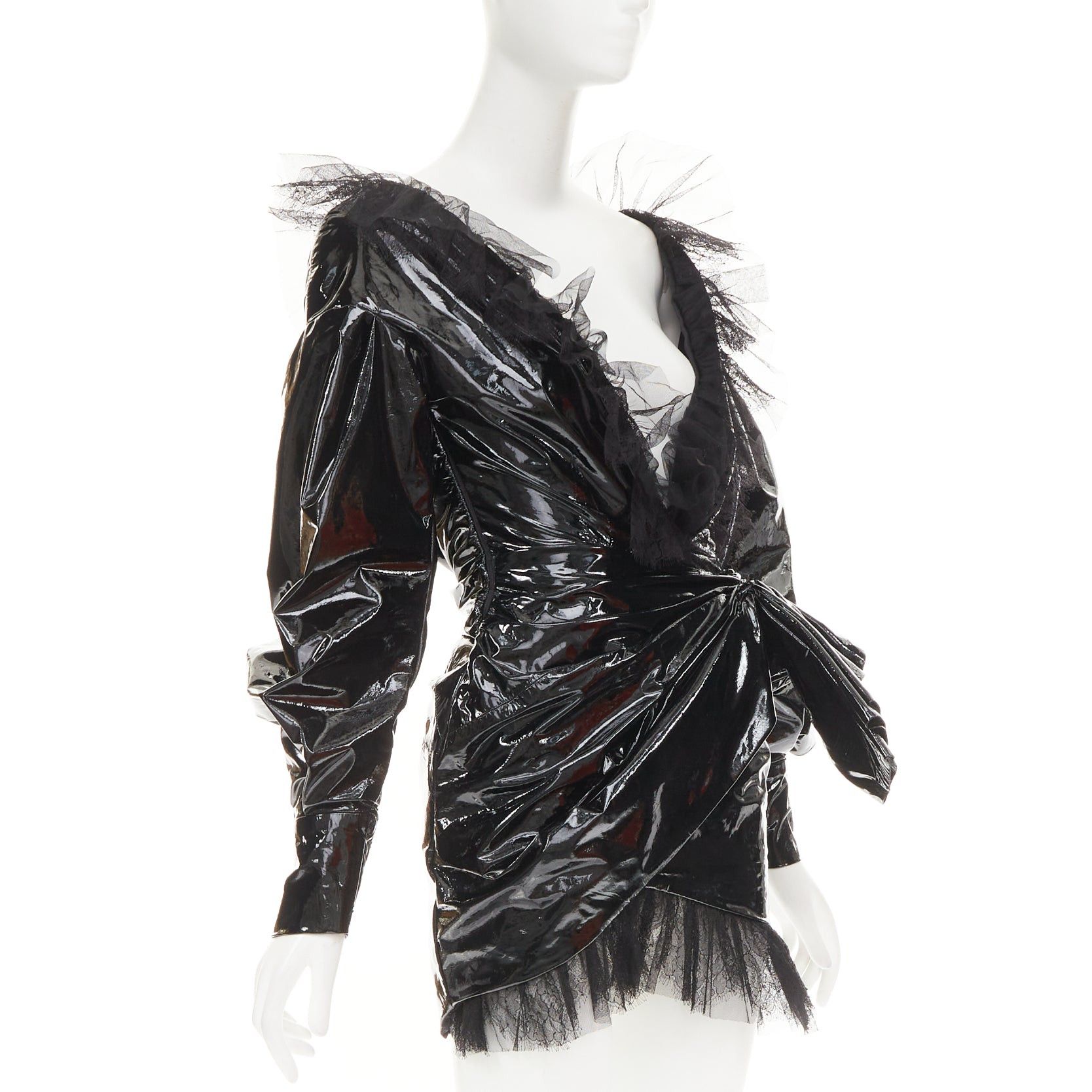 Alexandre Vauthier rare ALEXANDRE VAUTHIER COUTURE AW2018 Runway black PVC tulle lace plunge wrap mini dress Size S / US 4 / IT 40 - 3 Thumbnail